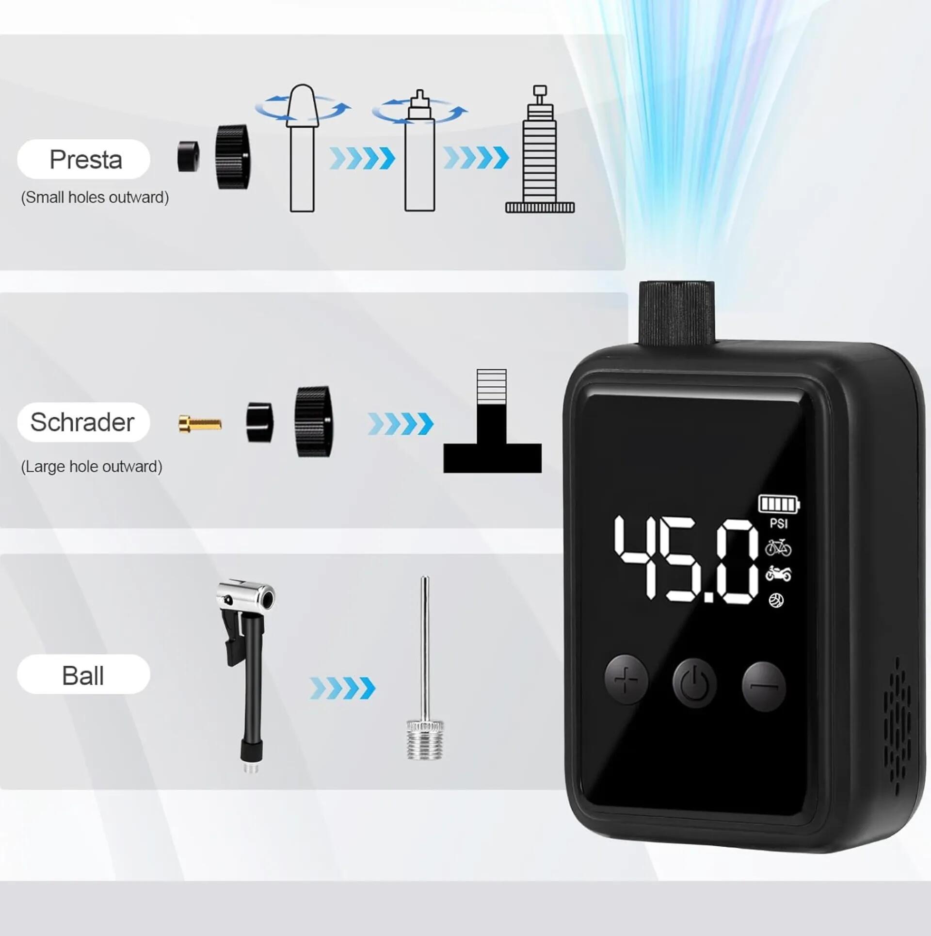 Bomba elétrica portátil 150 PSI – USB-C – Presta / Schrader 4/4