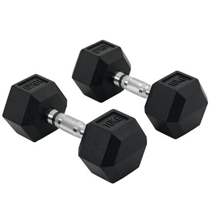 2 haltères 10kg barre connexion métal tête hexagonale noir argent