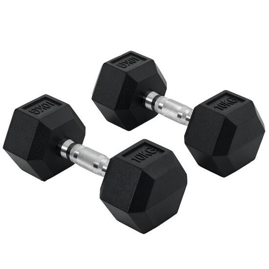 2 haltères 10kg barre connexion métal tête hexagonale noir argent