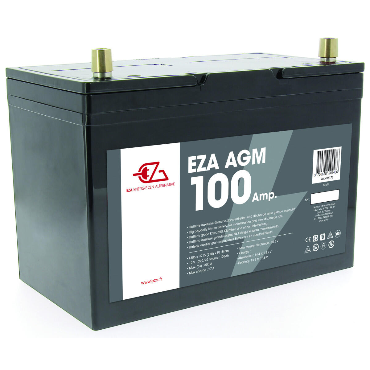 Eza - Eza Batterie Auxiliaire Agm 100ah Etanche Et Sans Entretien Camping-car - Batterie - Taille Unique - Decathlon