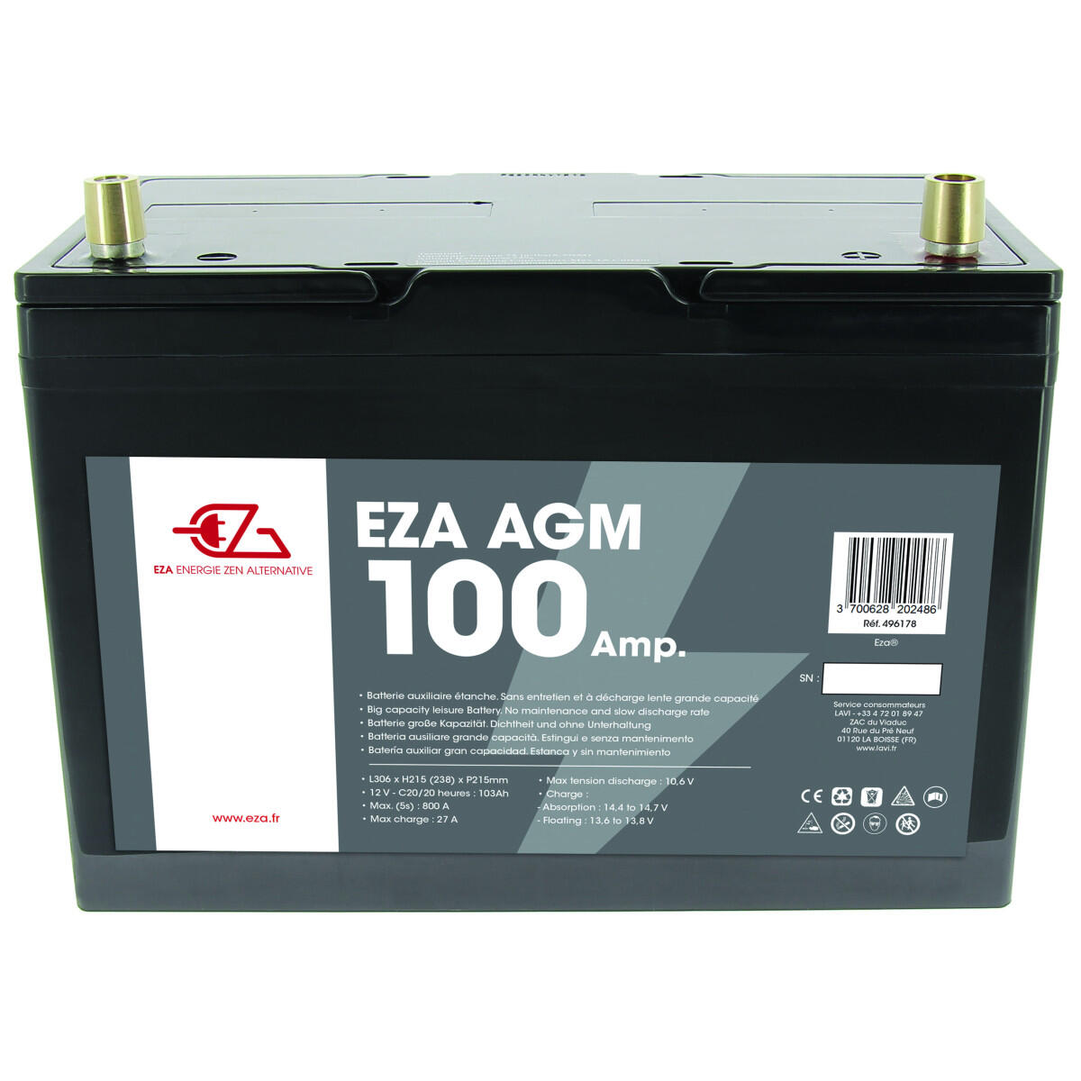 EZA Batterie Auxiliaire AGM 100Ah Etanche et sans Entretien Camping-Car 2/2