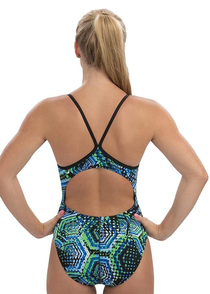 Maiô feminino Dolfin Reliance Hive com decote em V - Azul/Verde - Tamanho 26 2/5