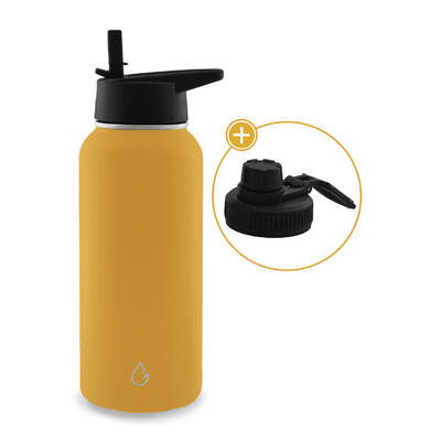 Pro waterfles rvs okergeel 1 liter - dop met rietje en sportdop