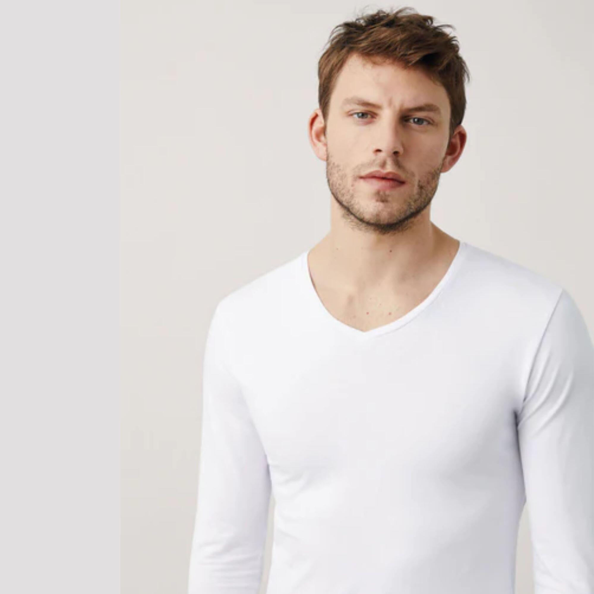 Camiseta interior manga larga cuello pico blanco 3/3
