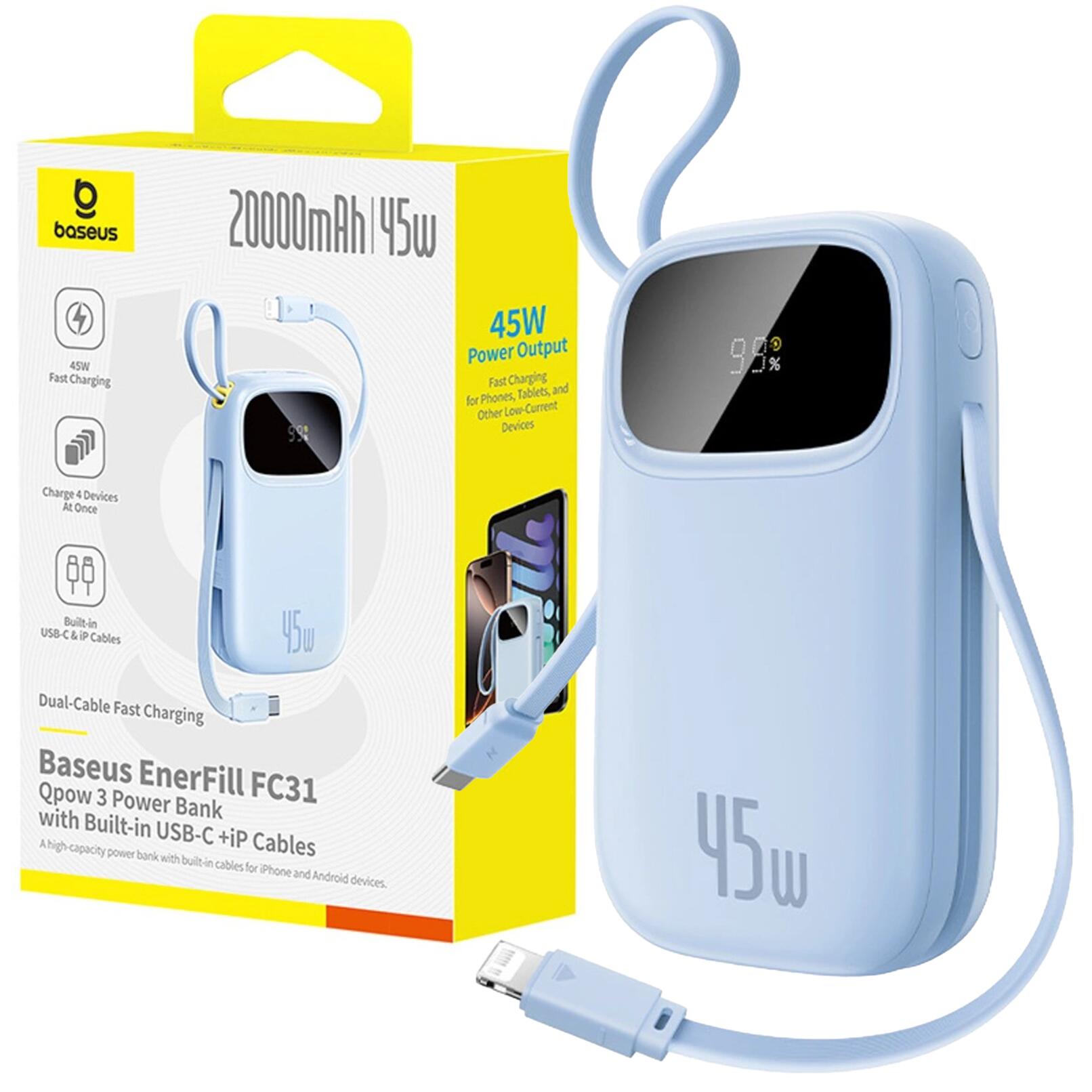 Powerbank Baseus 20000 mAh 45W USB-C USB-A kabel USB-C lightning