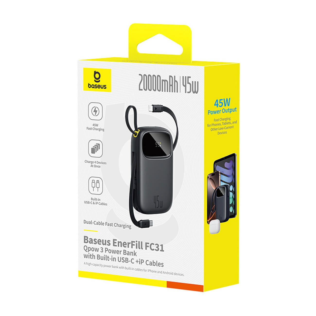 Caricabatterie Portatile Rapido Baseus 20000mAh 45W USB-C USB-A Cavi Integrati 7/7