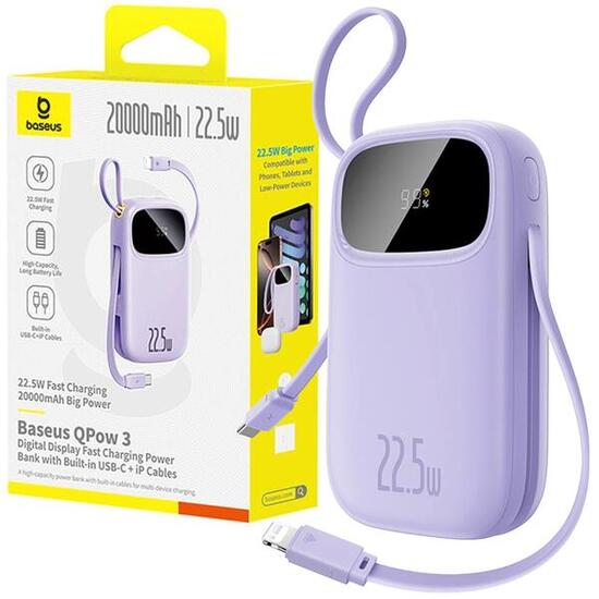 Powerbank Baseus 20000 mAh 22.5W USB-C USB-A wbudowane kable USB-C lightning