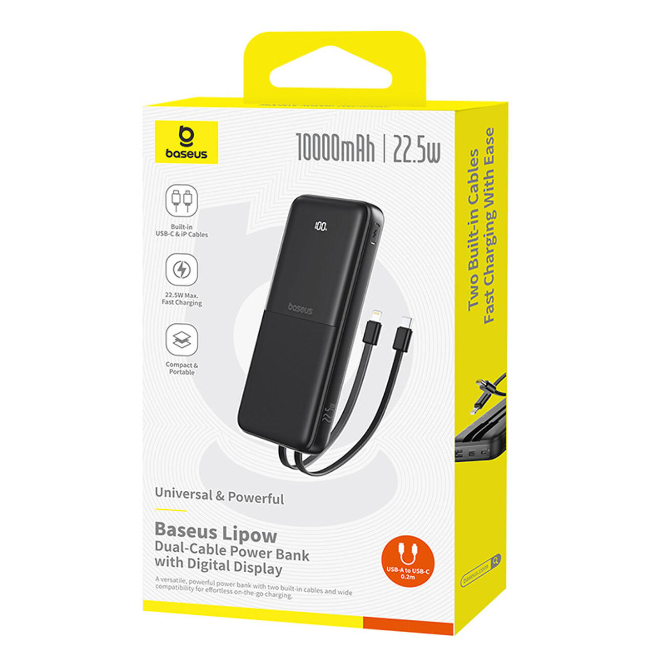 BASEUS POWERBANK 10000mAh 22.5W USB-C USB-A INGEBOUWDE KABELS USB-C LIGHTNING 7/7