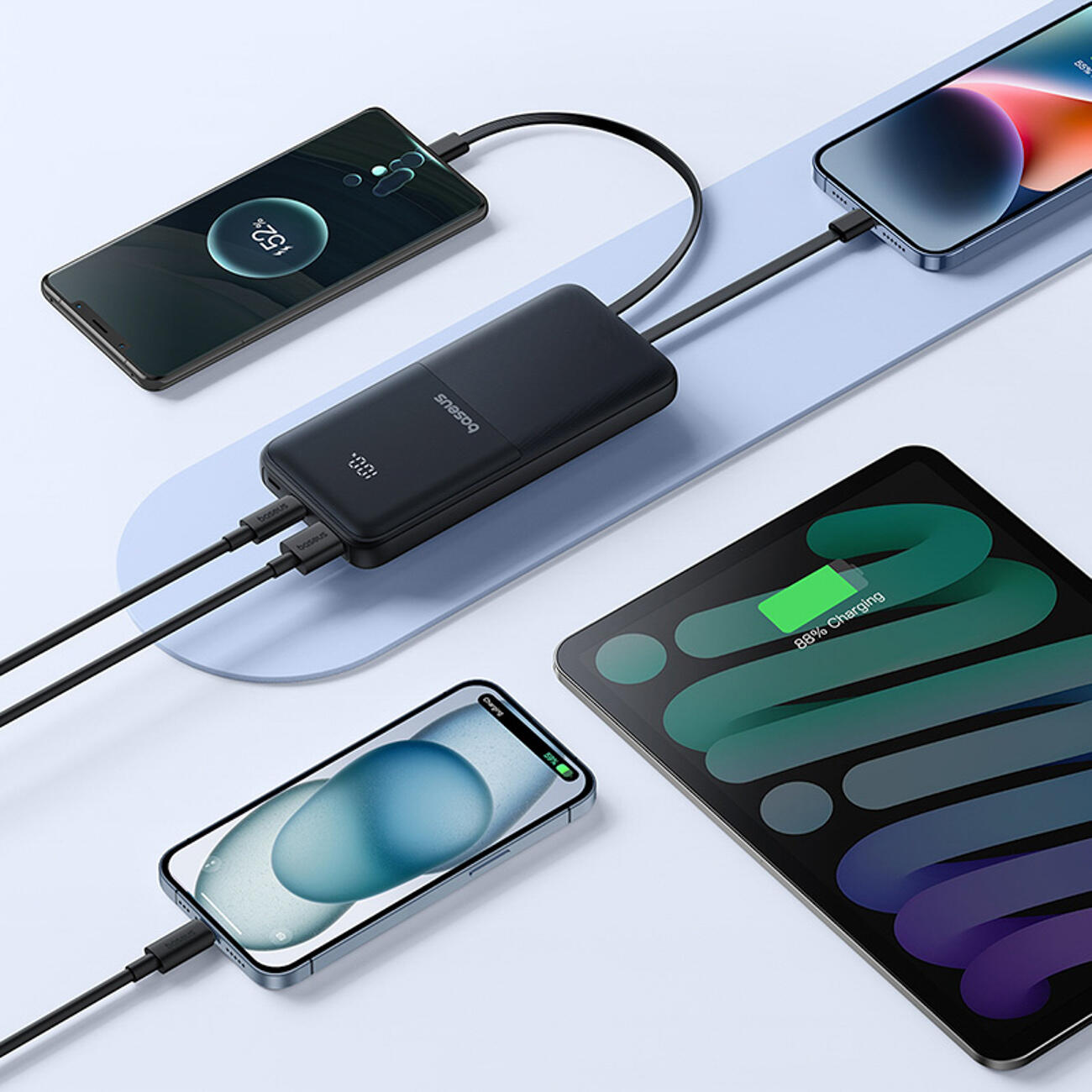 BASEUS POWERBANK 10000mAh 22.5W USB-C USB-A INGEBOUWDE KABELS USB-C LIGHTNING 4/7