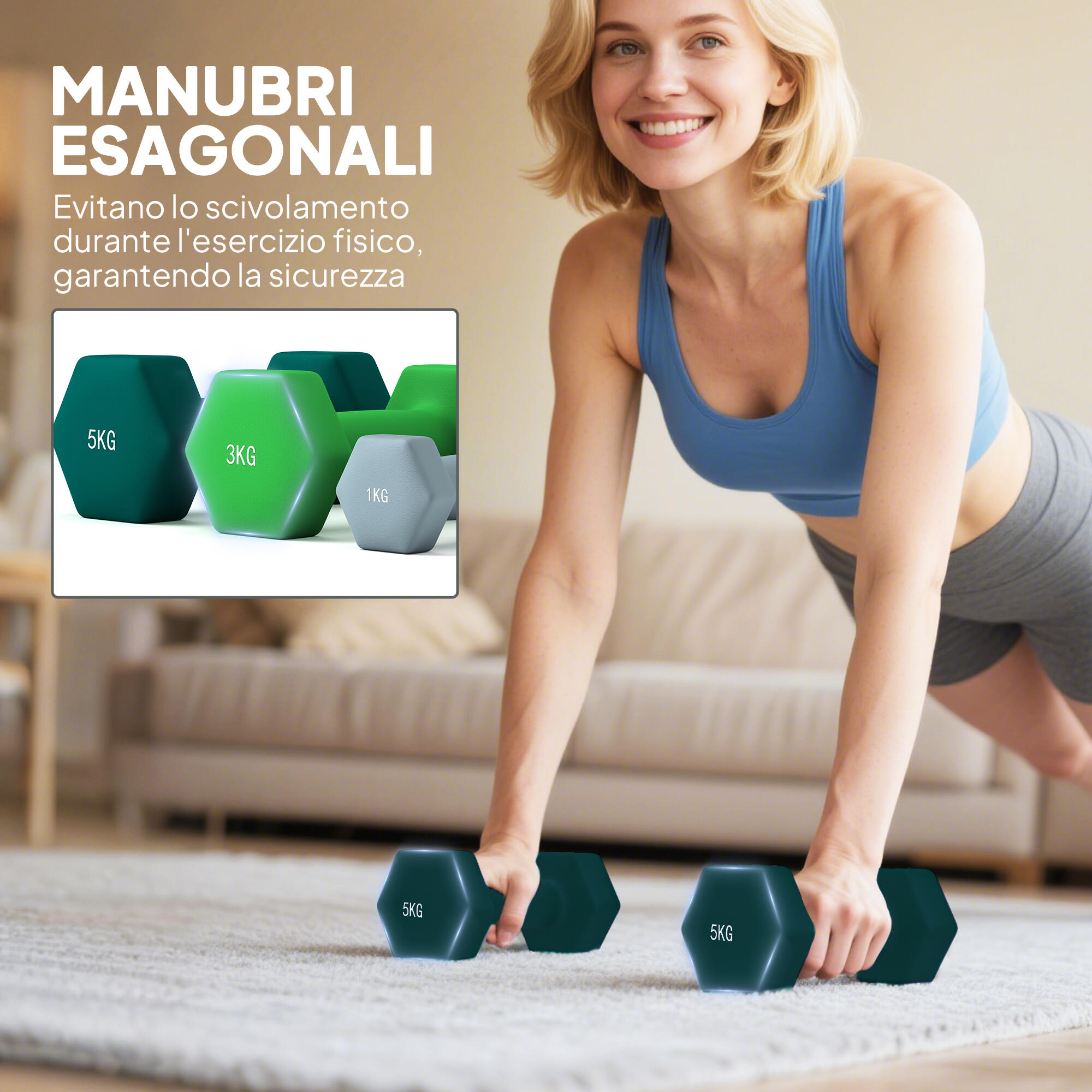 SPORTNOW Kit Pesi Esagonali da 18 kg Totali con Supporto Incluso Multicolore 7/8