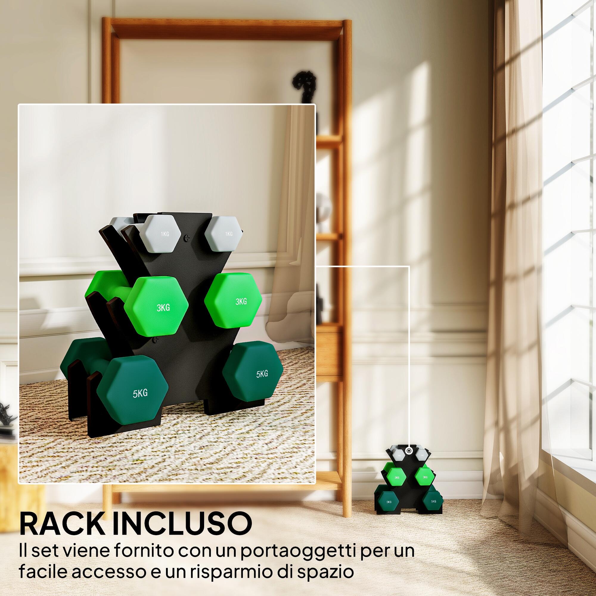 SPORTNOW Kit Pesi Esagonali da 18 kg Totali con Supporto Incluso Multicolore 5/8