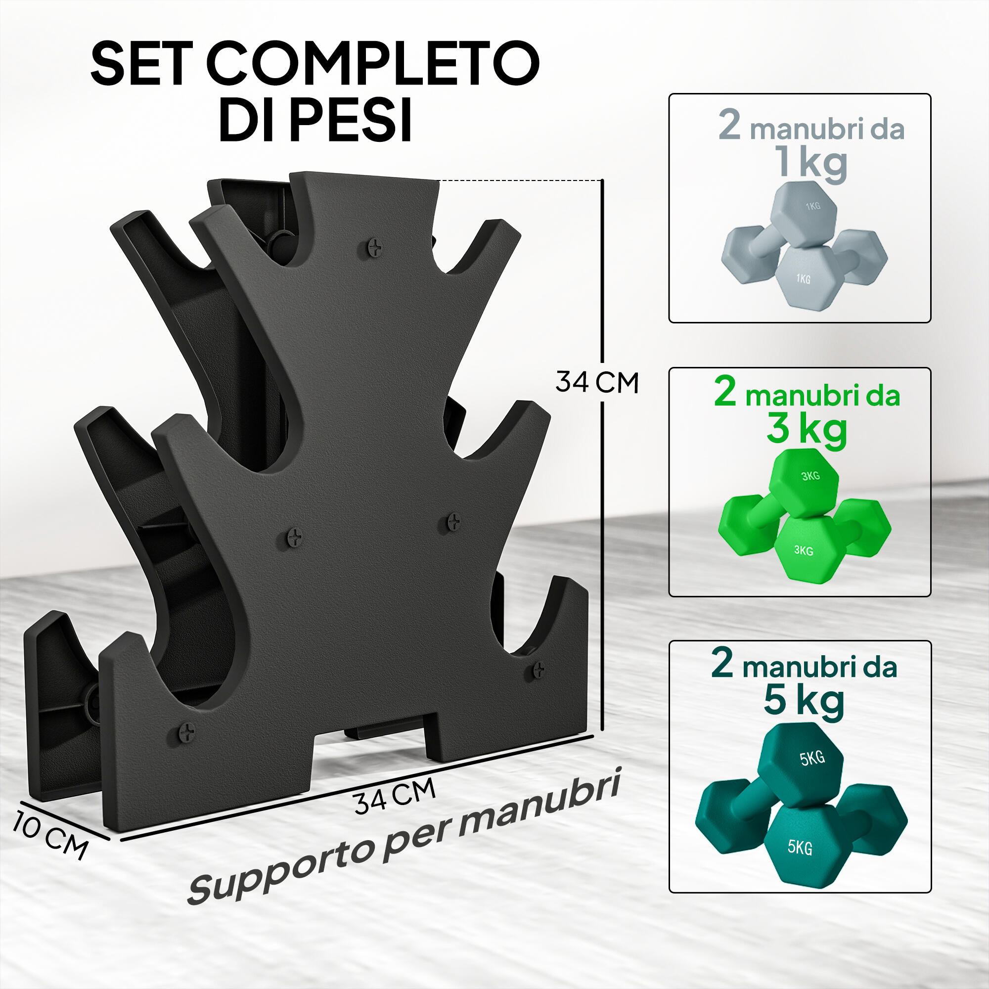 SPORTNOW Kit Pesi Esagonali da 18 kg Totali con Supporto Incluso Multicolore 4/8