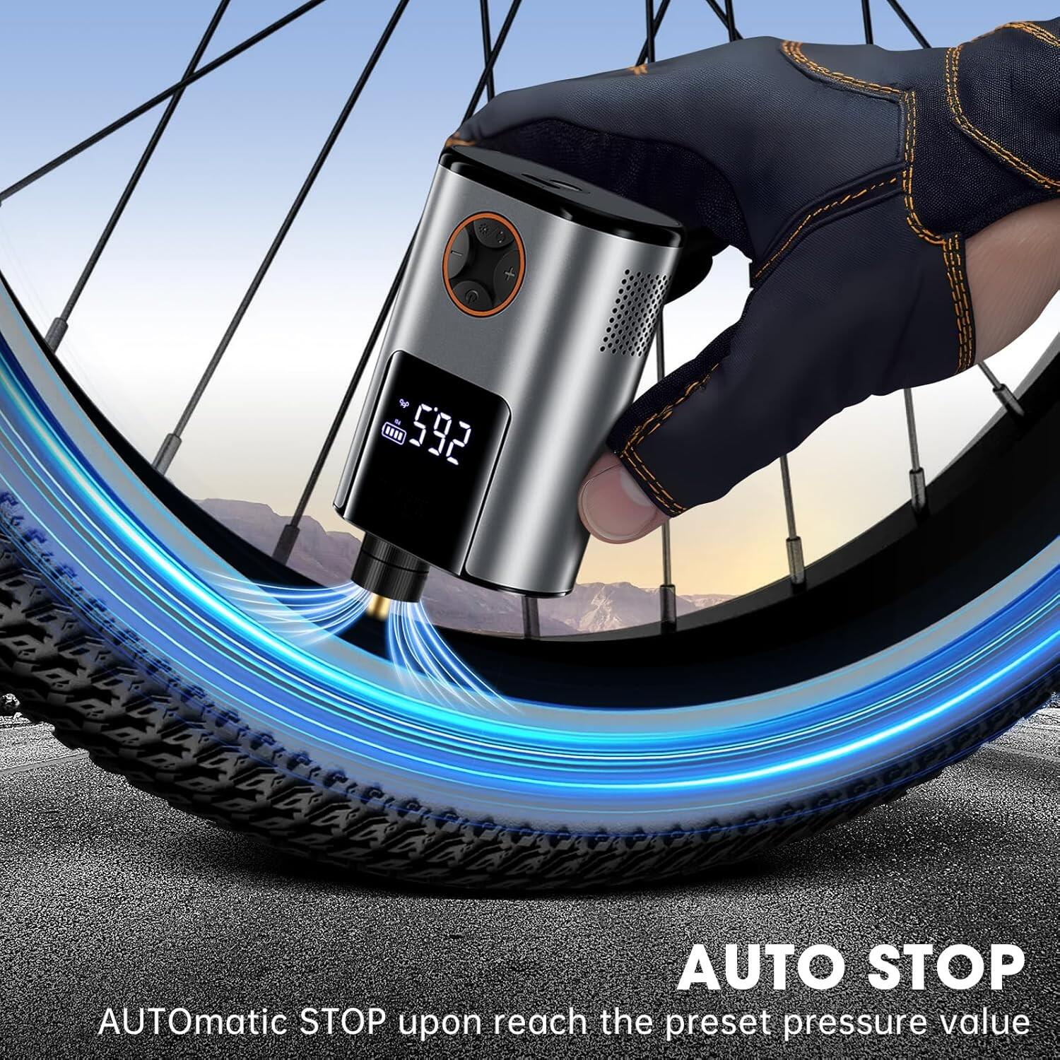 Elektrische Luftpumpe Akku Kompressor 150PSI 6000mAh, Tragbare Mini Fahrradpumpe mit LCD-Display, über USB-C wiederaufladbar für Fahrrad, Auto, Motorrad, Bälle