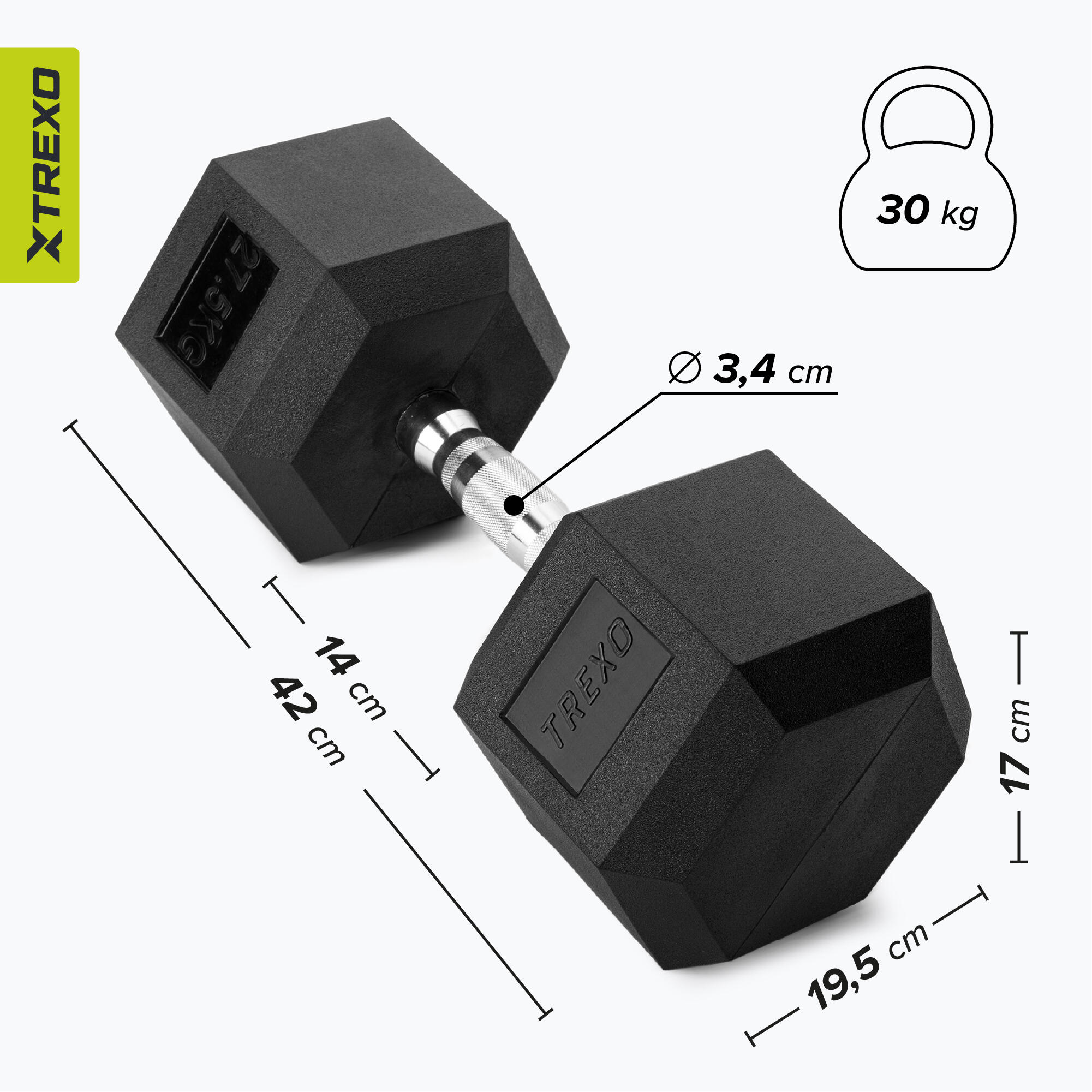 Haltère caoutchouté TREXO Hex 30 kg 7/7