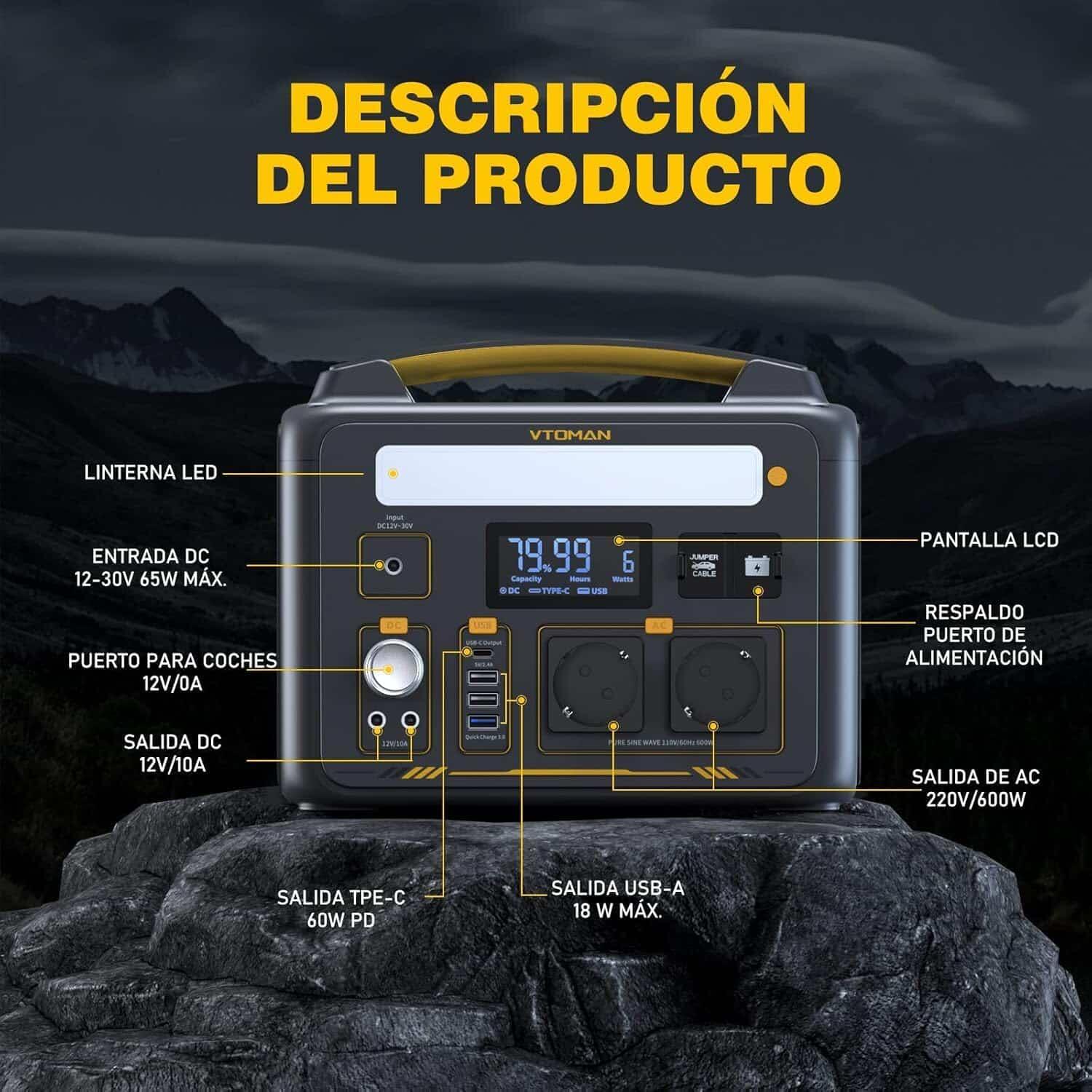 Batería  Portátil VTOMAN Jump 600W .Camping y emergencias. Arrancador de coches 6/7