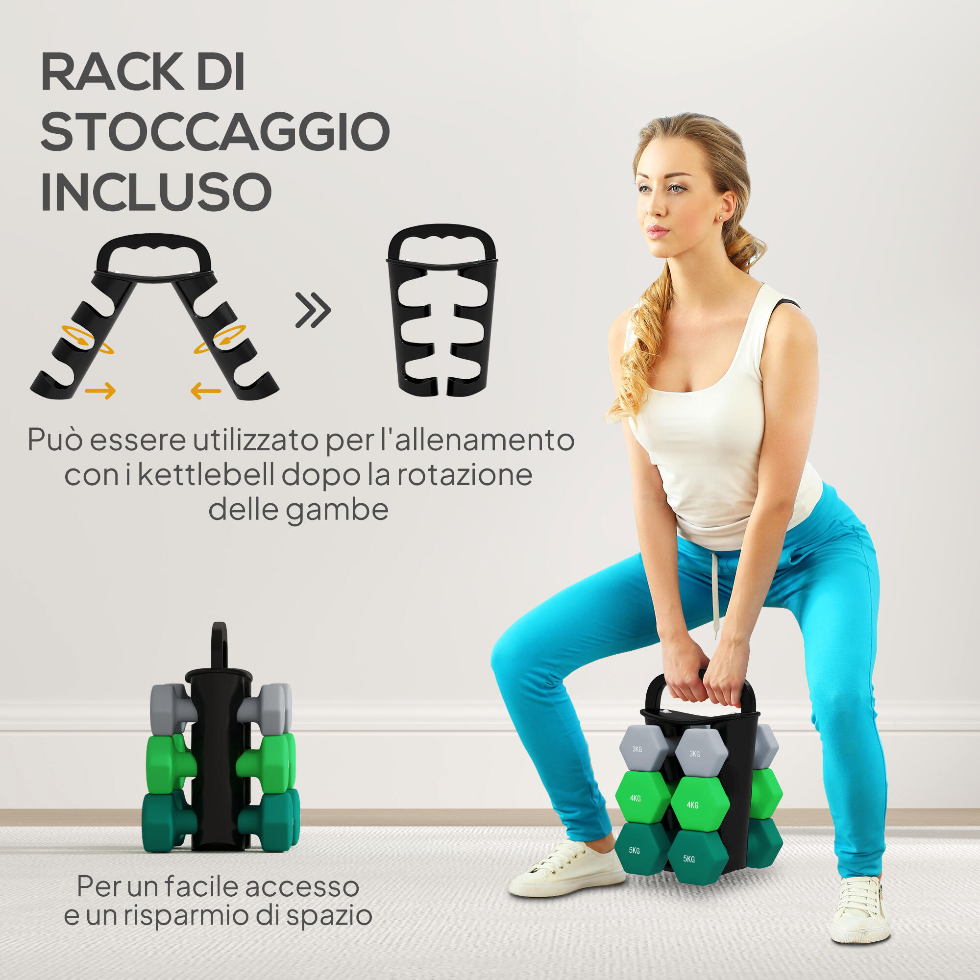 SPORTNOW Set di 6 Manubri con Supporto 2 x 3 kg, 2 x 4 kg, 2 x 5 kg, Multicolore 5/7