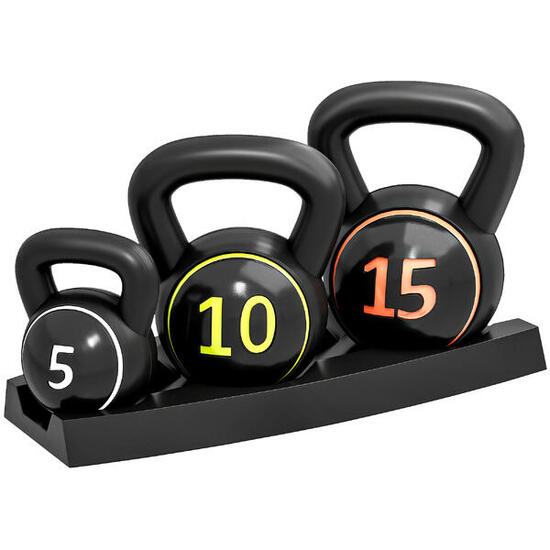 SPORTNOW Set 3 Kettlebell da 2.2 kg 4.5 kg e 6.8 kg con Portapesi Nero
