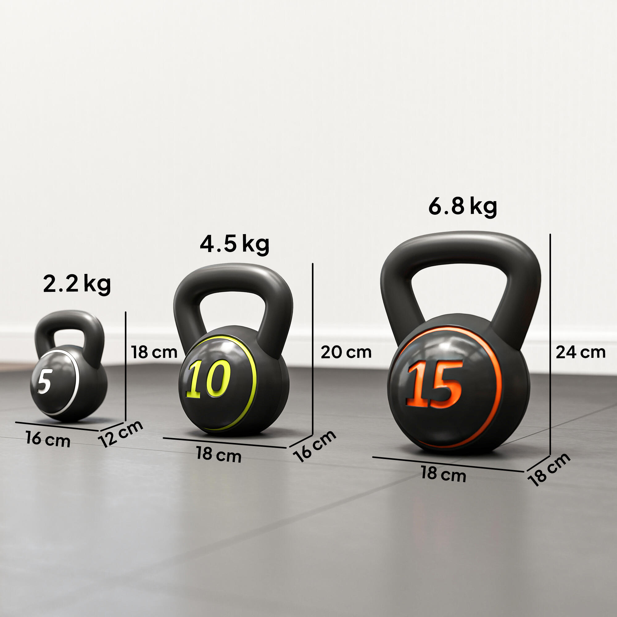 SPORTNOW Set 3 Kettlebell da 2.2 kg, 4.5 kg e 6.8 kg con Portapesi Nero 3/7