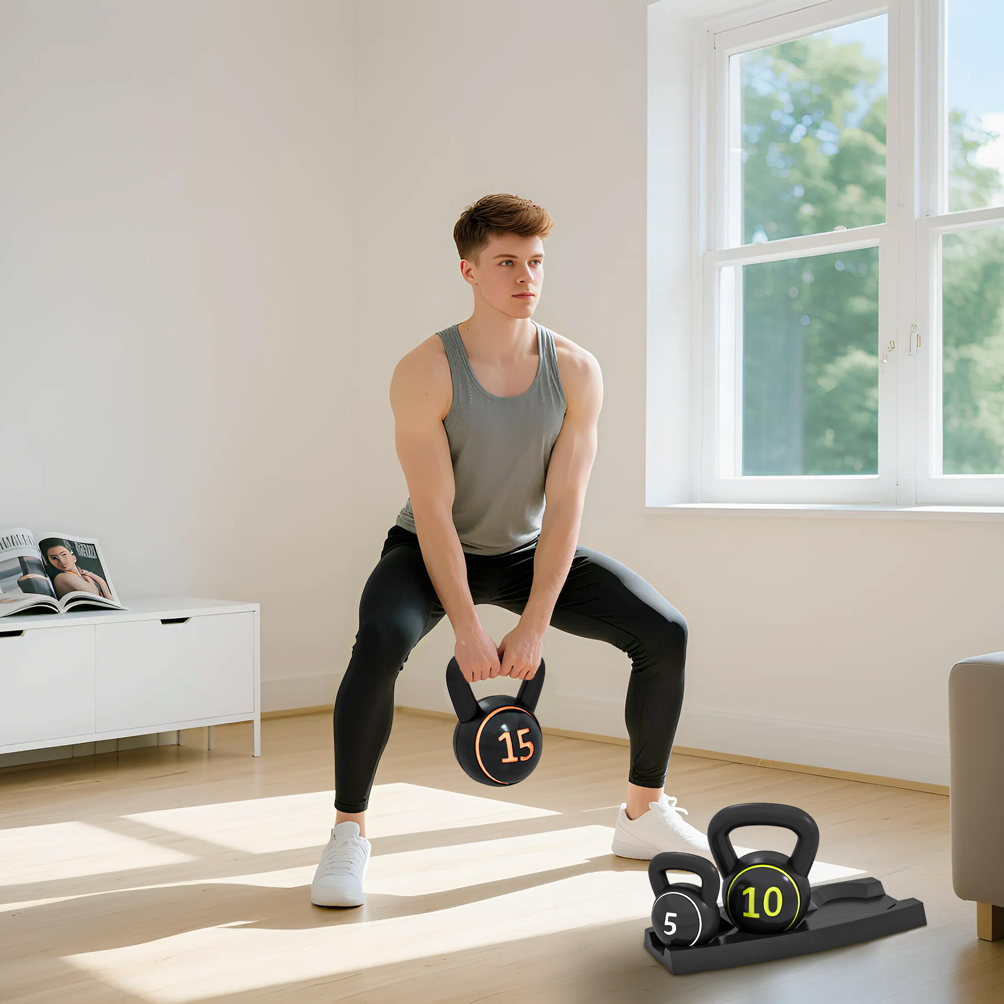 SPORTNOW Set 3 Kettlebell da 2.2 kg, 4.5 kg e 6.8 kg con Portapesi Nero 7/7