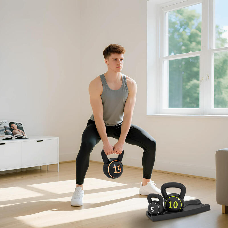 SPORTNOW Set 3 Kettlebell de 2.2 kg, 4.5 kg și 6.8 kg, Plastic și Nisip, Negru