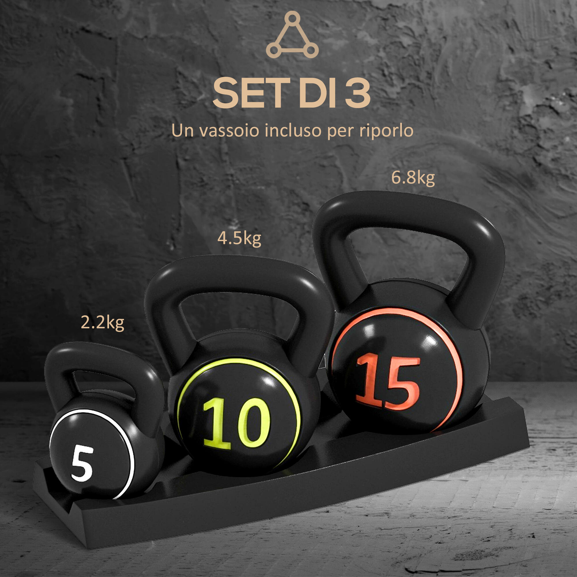 SPORTNOW Set 3 Kettlebell da 2.2 kg, 4.5 kg e 6.8 kg con Portapesi Nero 4/7