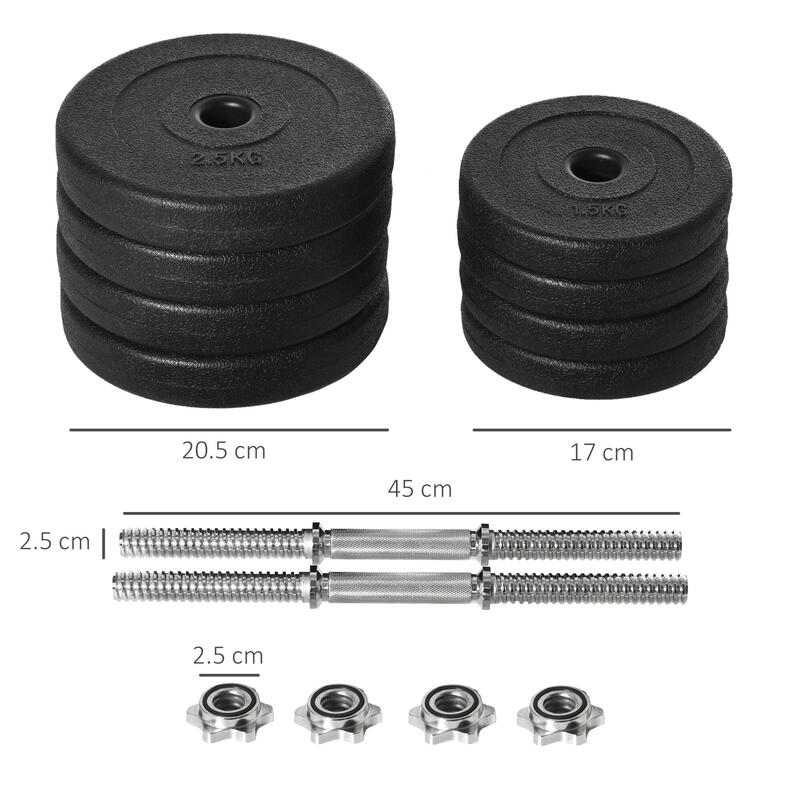 Set 2 gantere HOMCOM,  20 kg, cu 8 discuri din oțel și plastic, negre