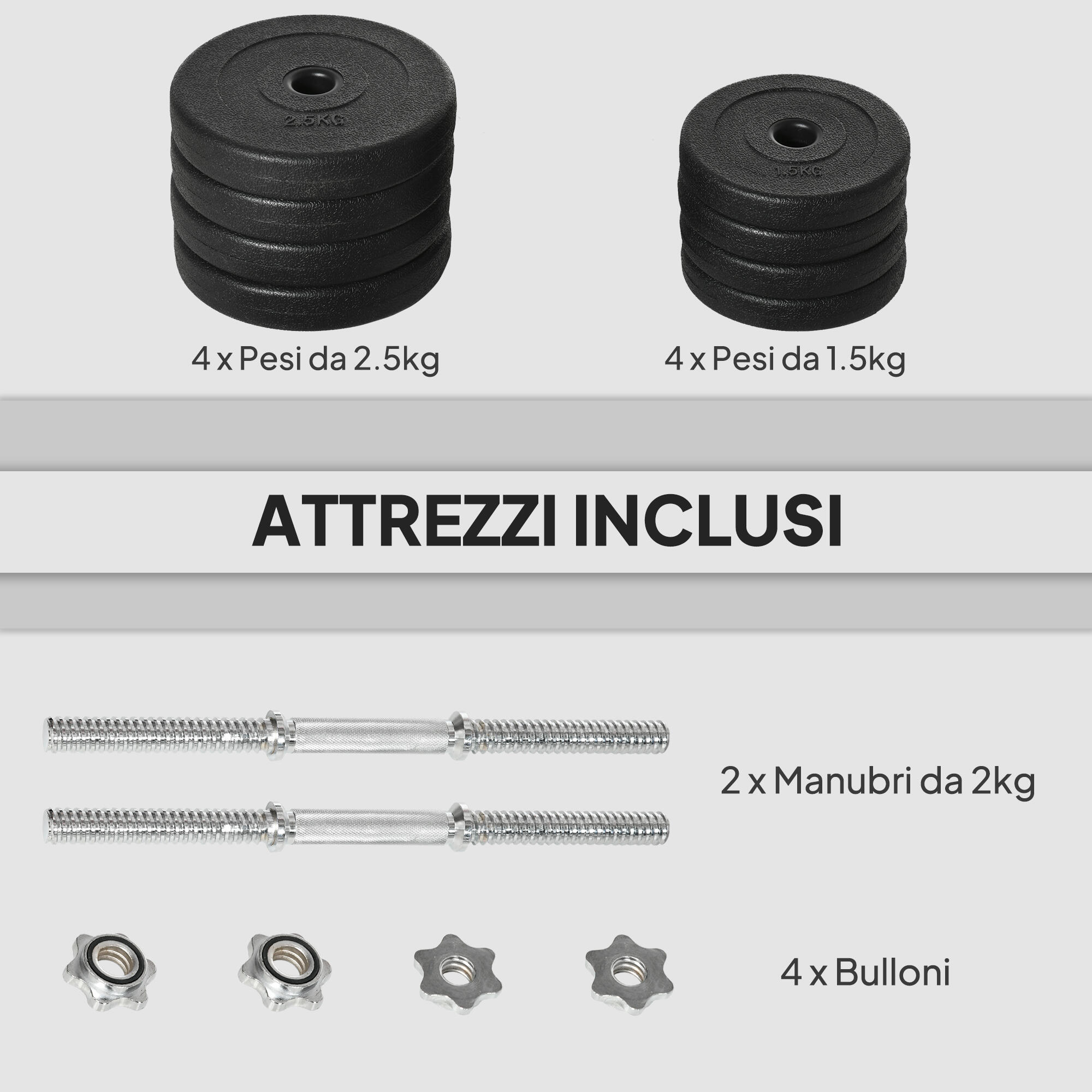 HOMCOM Set 2 Manubri Pesi da 20kg Totali con 8 Dischi in Acciaio e Plastica Nero 6/7