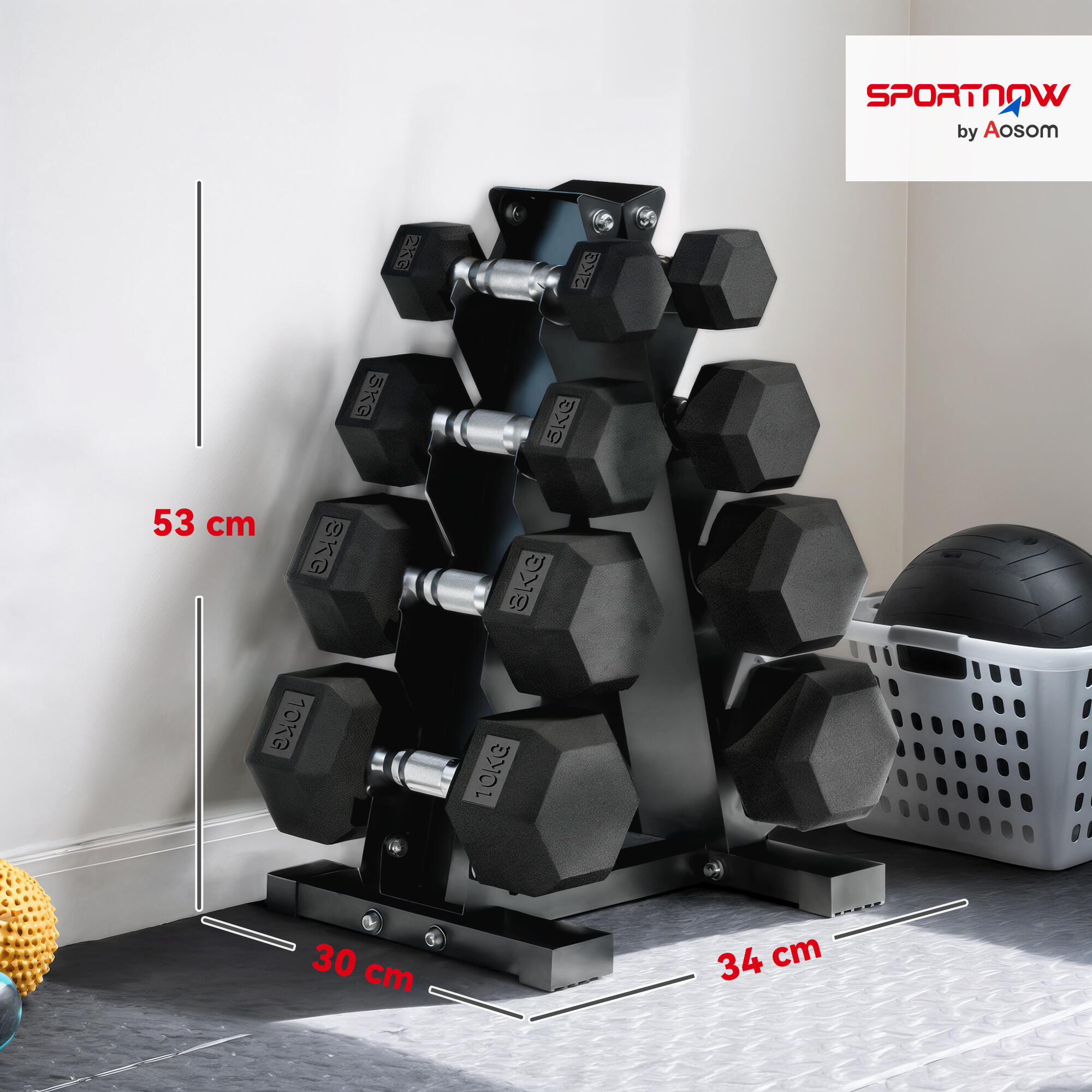 SPORTNOW Set Manubri Esagonali Antiscivolo con Supporto da 2kg a 10kg, Nero 3/8