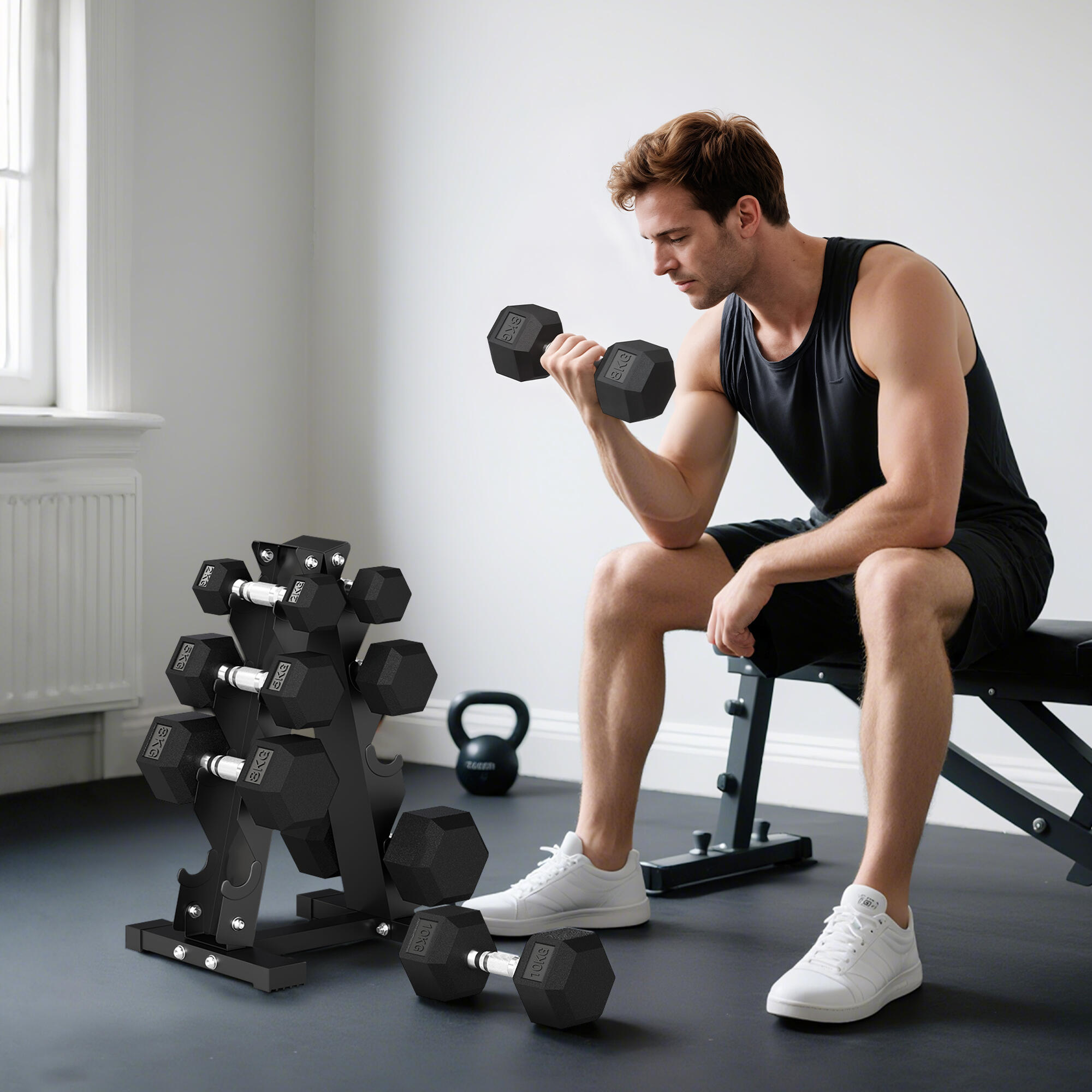 SPORTNOW Set Manubri Esagonali Antiscivolo con Supporto da 2kg a 10kg, Nero 2/8