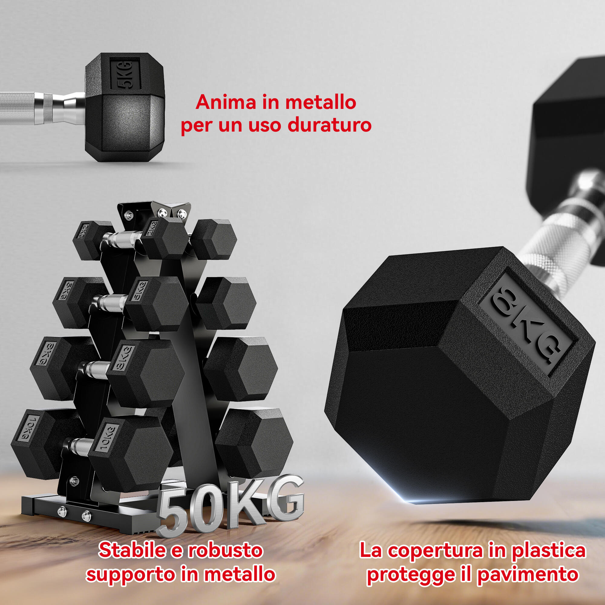 SPORTNOW Set Manubri Esagonali Antiscivolo con Supporto da 2kg a 10kg, Nero 6/8