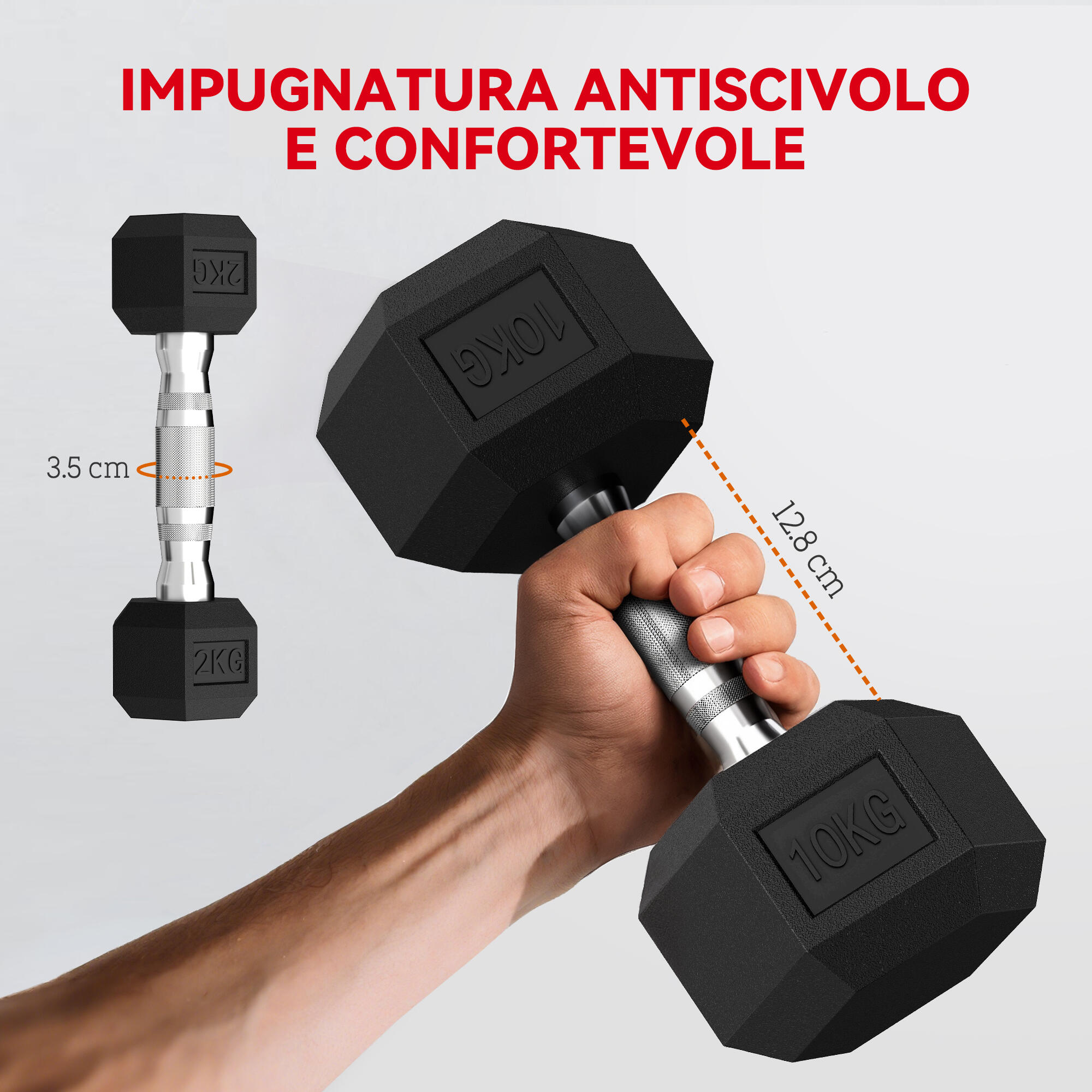 SPORTNOW Set Manubri Esagonali Antiscivolo con Supporto da 2kg a 10kg, Nero 5/8