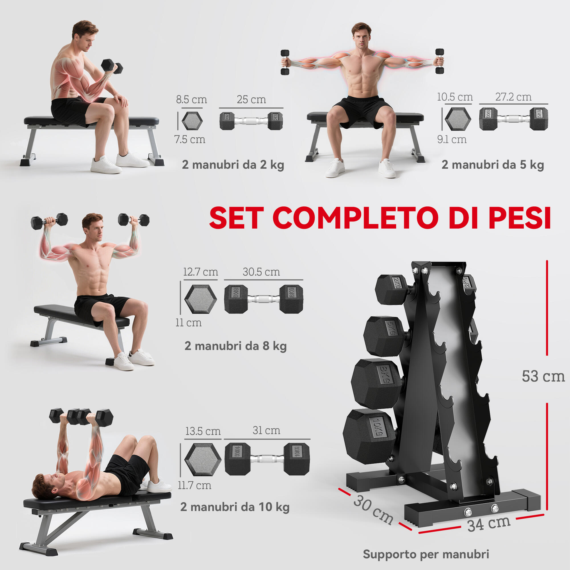 SPORTNOW Set Manubri Esagonali Antiscivolo con Supporto da 2kg a 10kg, Nero 4/8