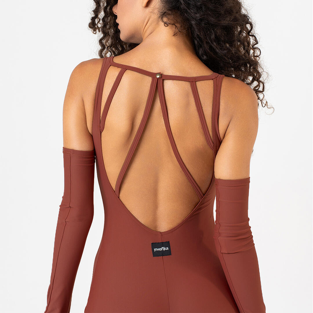 Jumpsuit lunga donna lycra lucida per allenamento e tempo libero Cioccolato 4/5