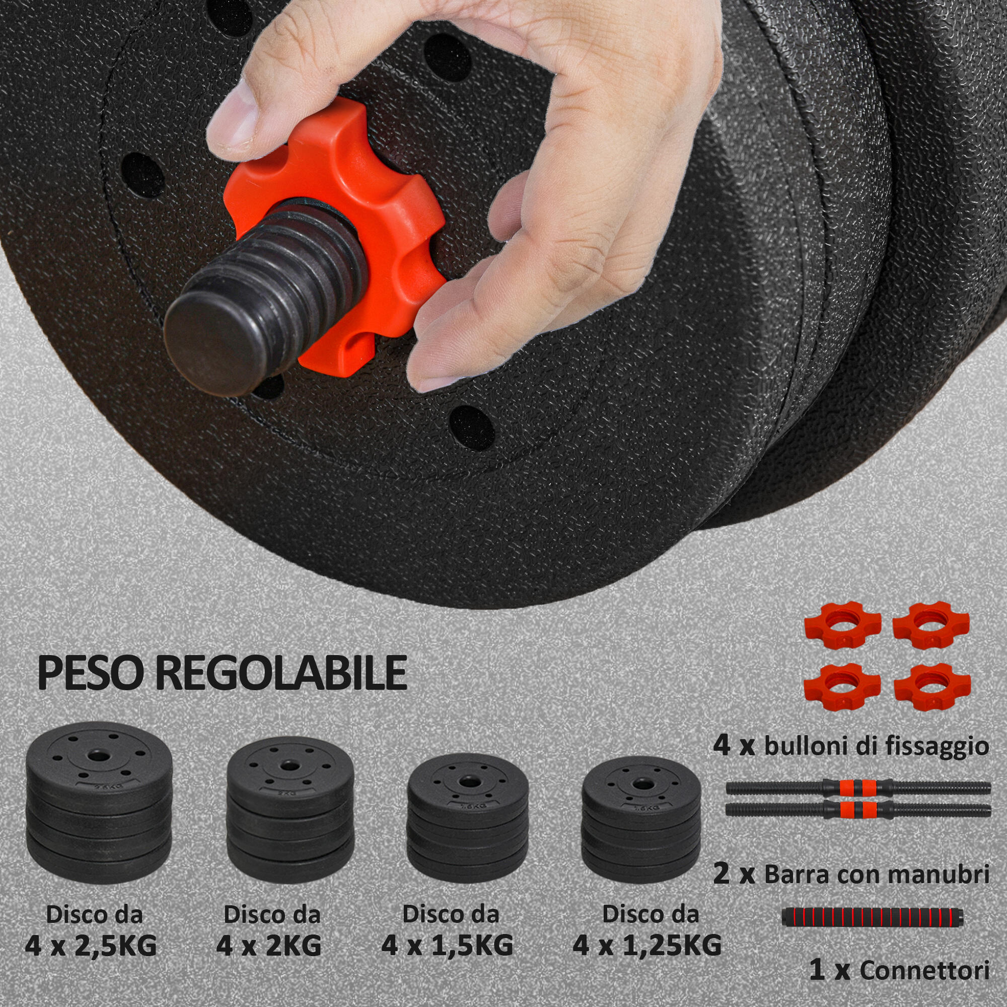 HOMCOM Set 2 Manubri con 16 Dischi Pesi da 30 kg totali e Connettore Nero 6/7