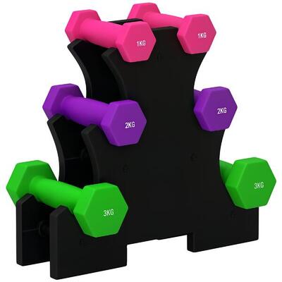 SPORTNOW Set di 6 Manubri con Supporto 2x1 kg 2x2 kg 2x3 kg Multicolore