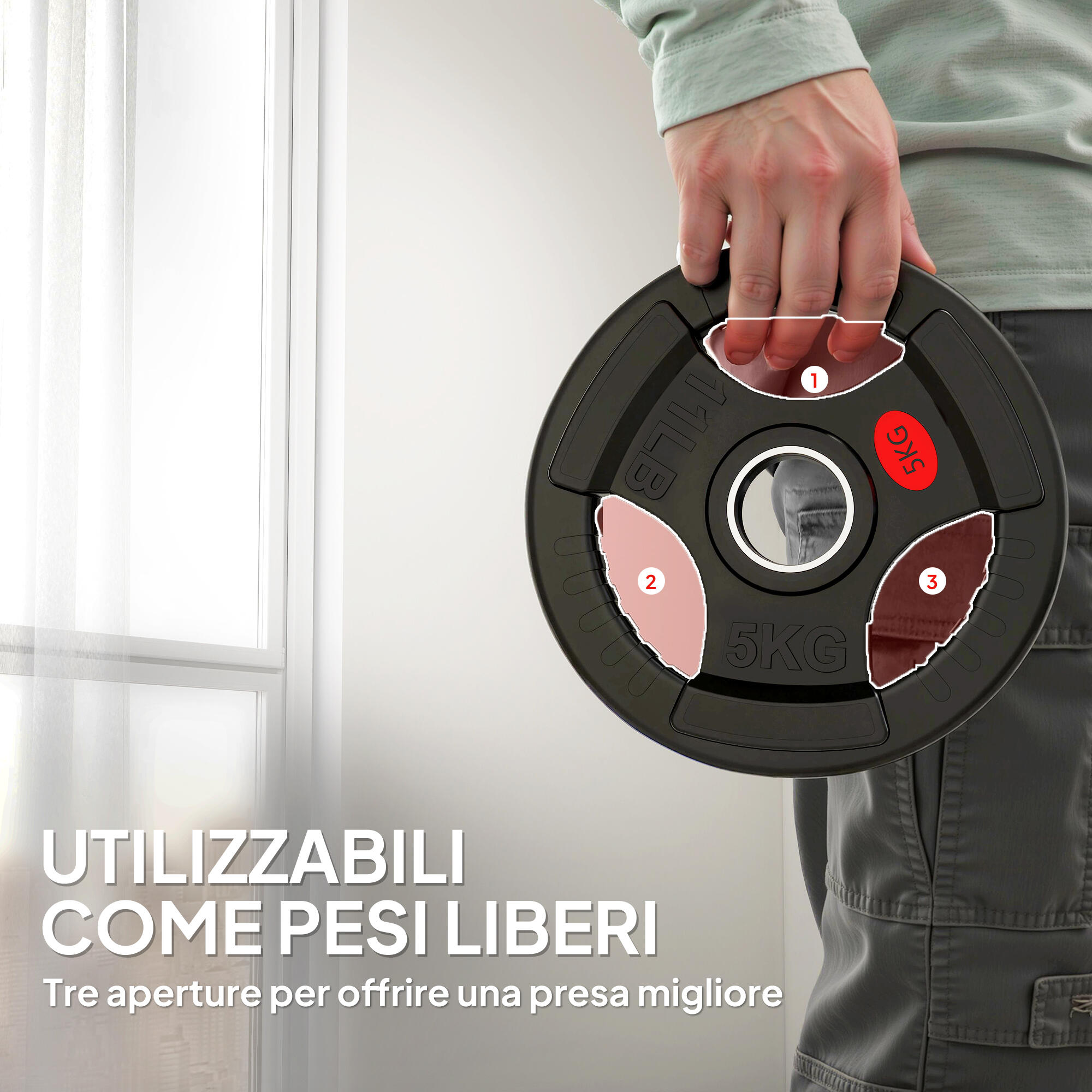 SPORTNOW Set Dischi Pesi 2x5kg con Foro 5cm e 3 Impugnature Acciaio e Plastica 4/7