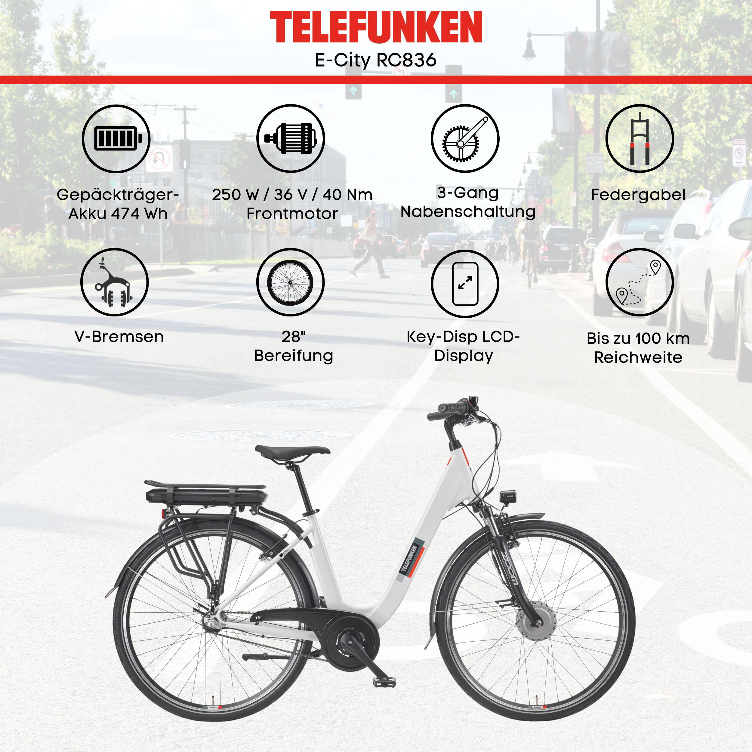 E-Bike RC836 28 Zoll 3-Gang Pedelec City Elektrofahrrad Herren Damen weiß 5/7