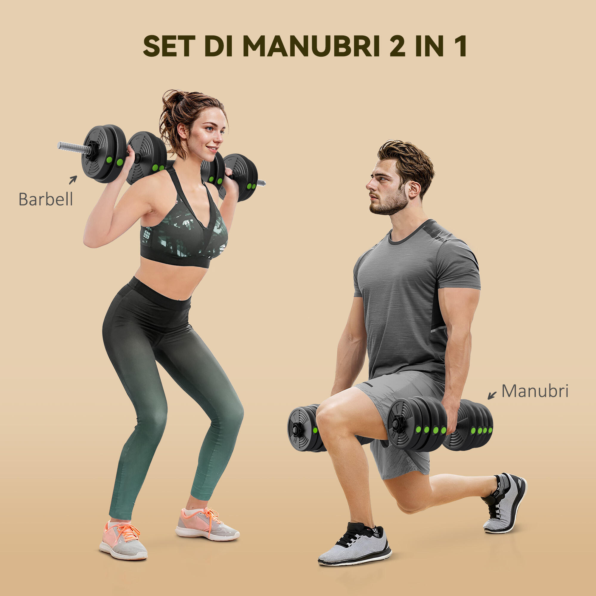 SPORTNOW Set 2 in1 con 2 Manubri Convertibili in Bilanciere Peso Totale 30kg 4/8