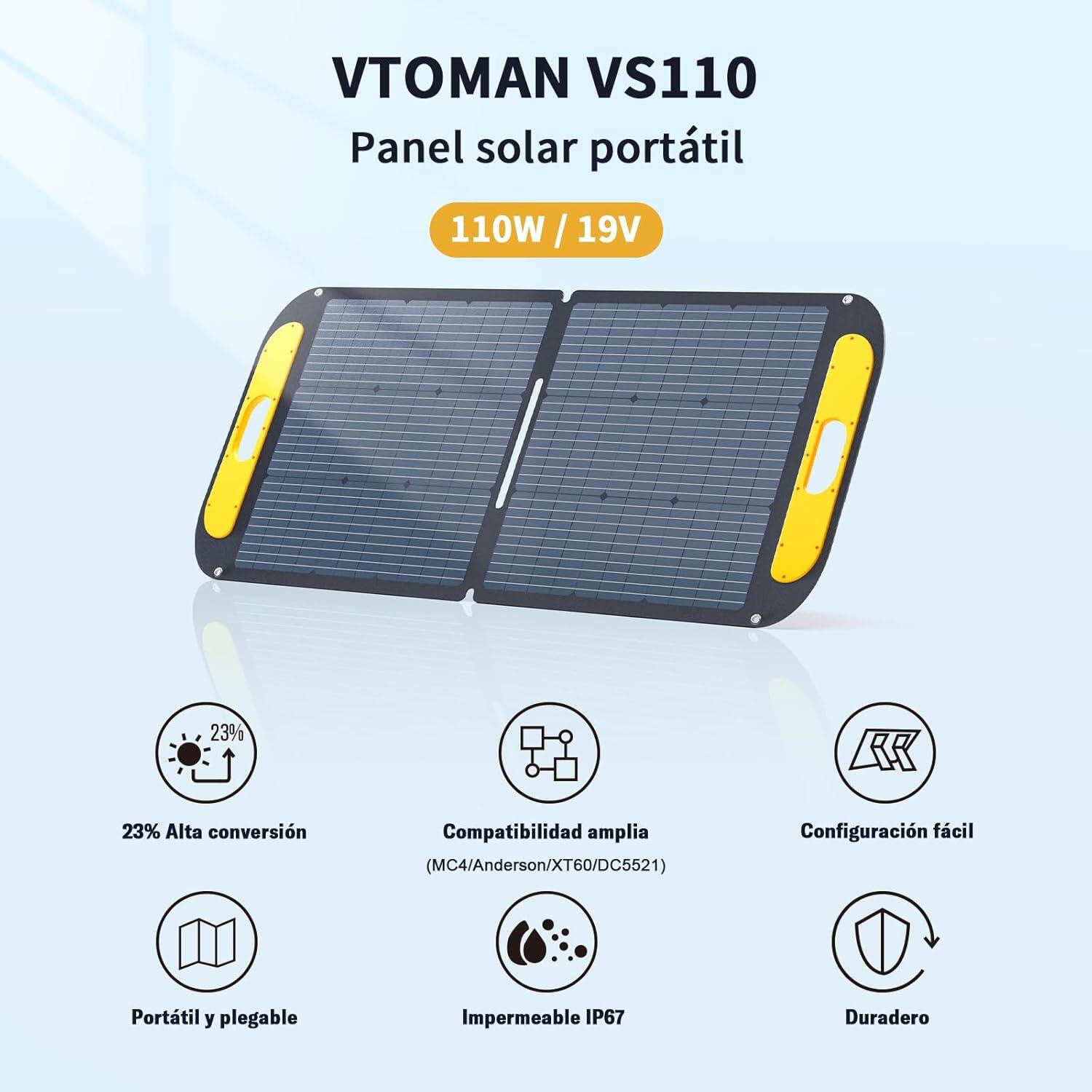 Panel solar portátil plegable VTOMAN 110W Certificación IP67 resistente al agua 3/7