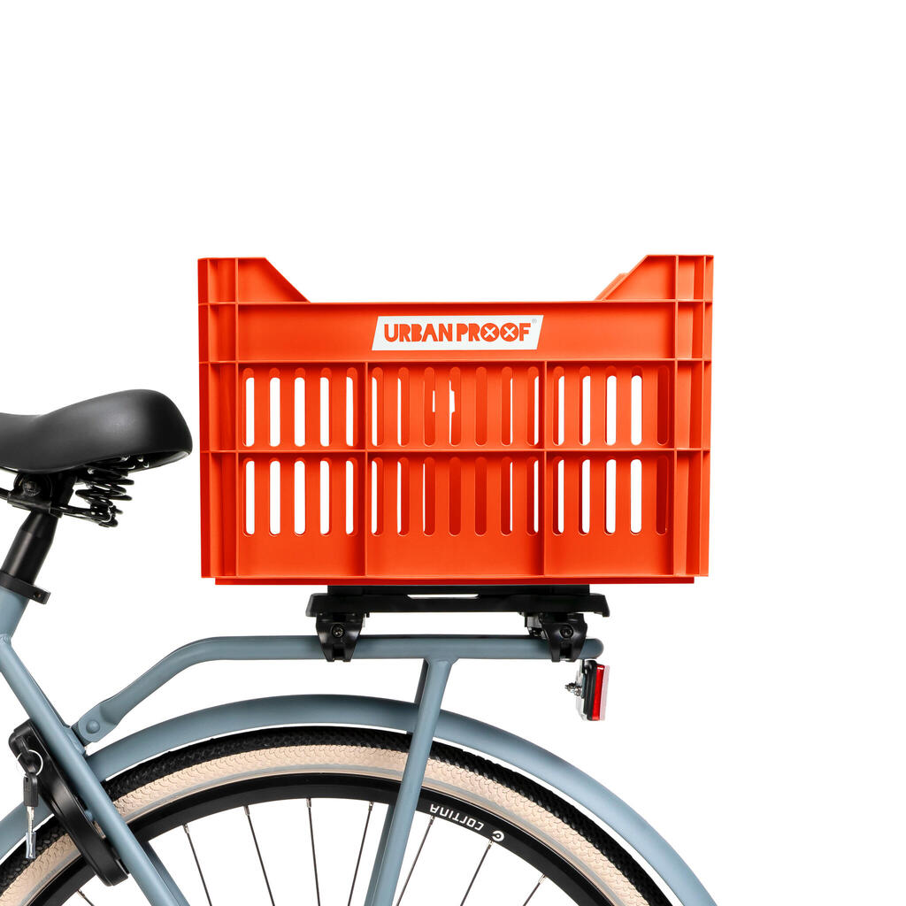 UrbanProof 30L recycled bike crate (RPET) — orange, MIK & AVS compatible.