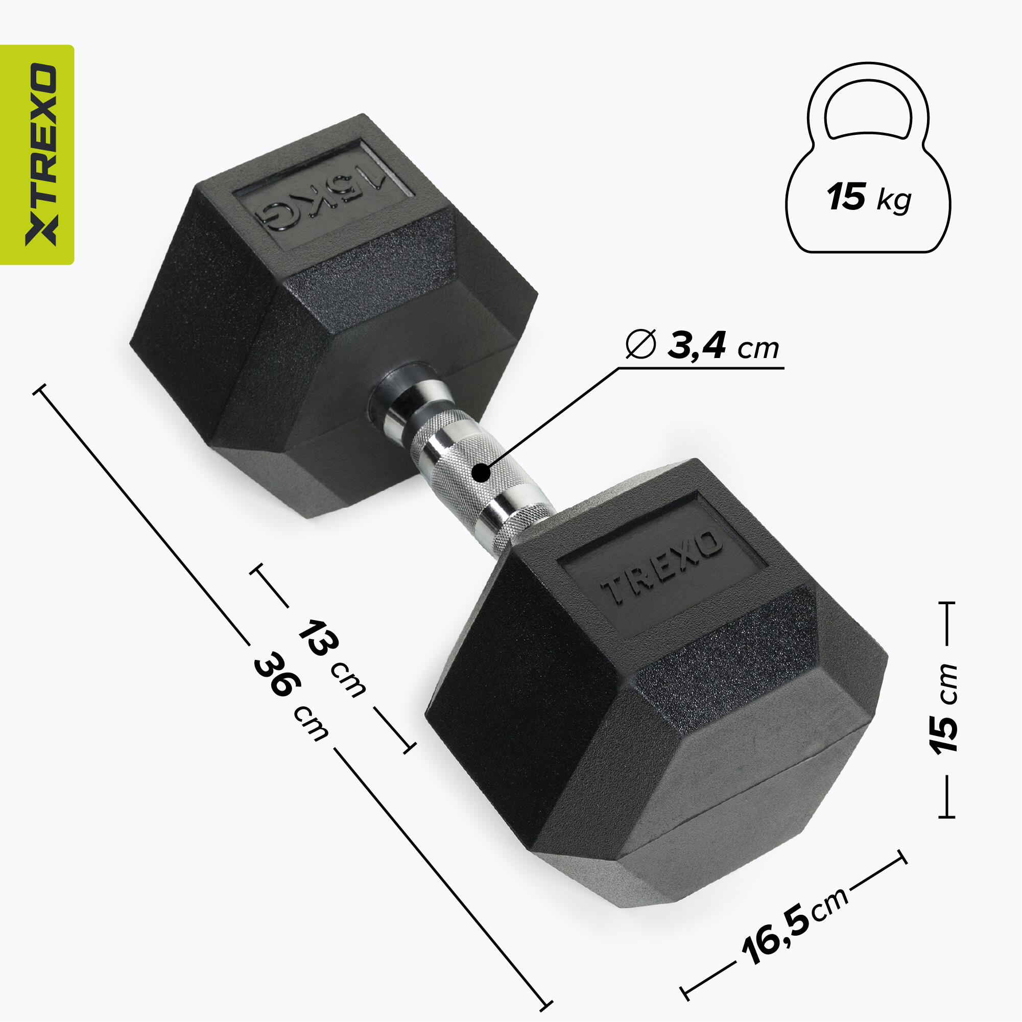 Haltère caoutchouté XTREXO Hex 15 kg 7/7