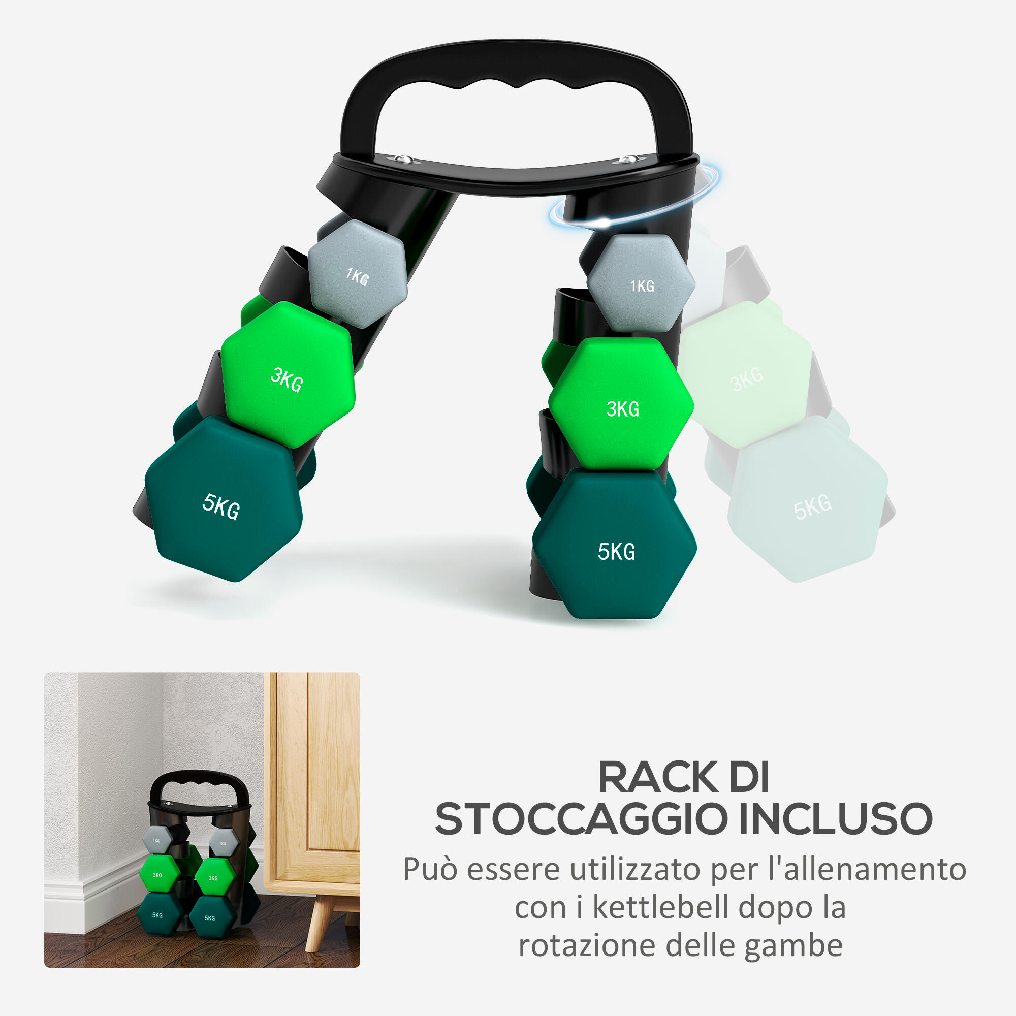SPORTNOW Set di 6 Manubri con Supporto 2 x 1 kg, 2 x 3 kg, 2 x 5 kg, Multicolore 5/8