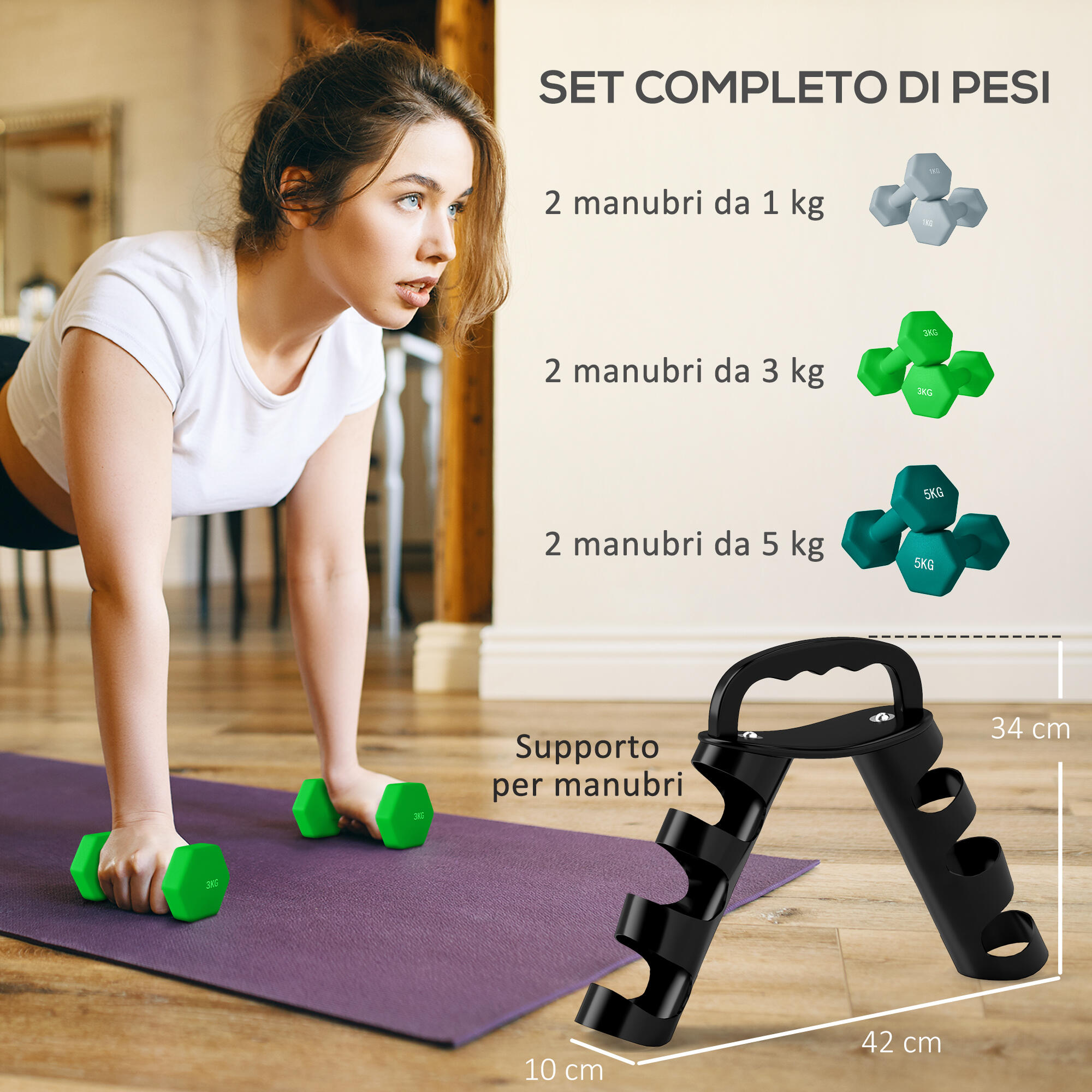 SPORTNOW Set di 6 Manubri con Supporto 2 x 1 kg, 2 x 3 kg, 2 x 5 kg, Multicolore 4/8