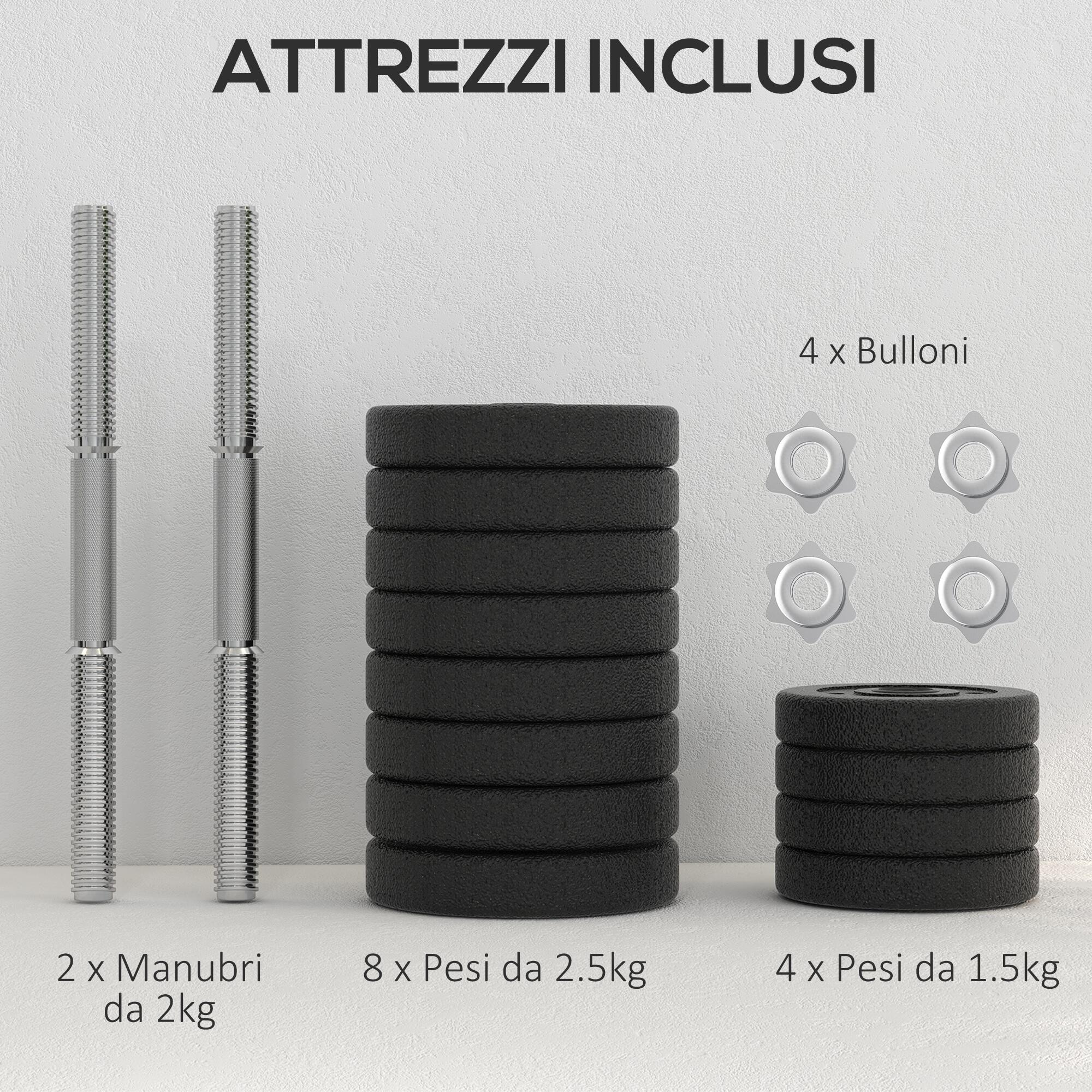 HOMCOM Set 2 Manubri Pesi da 30kg Totali con 12 Dischi in Acciaio e PU Nero 6/7