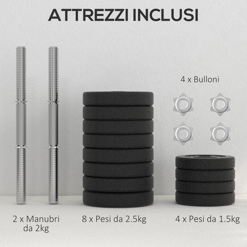 HOMCOM Set de Gantere 30 kg cu 12 Discuri și 2 Gantere de 2 kg, Negru