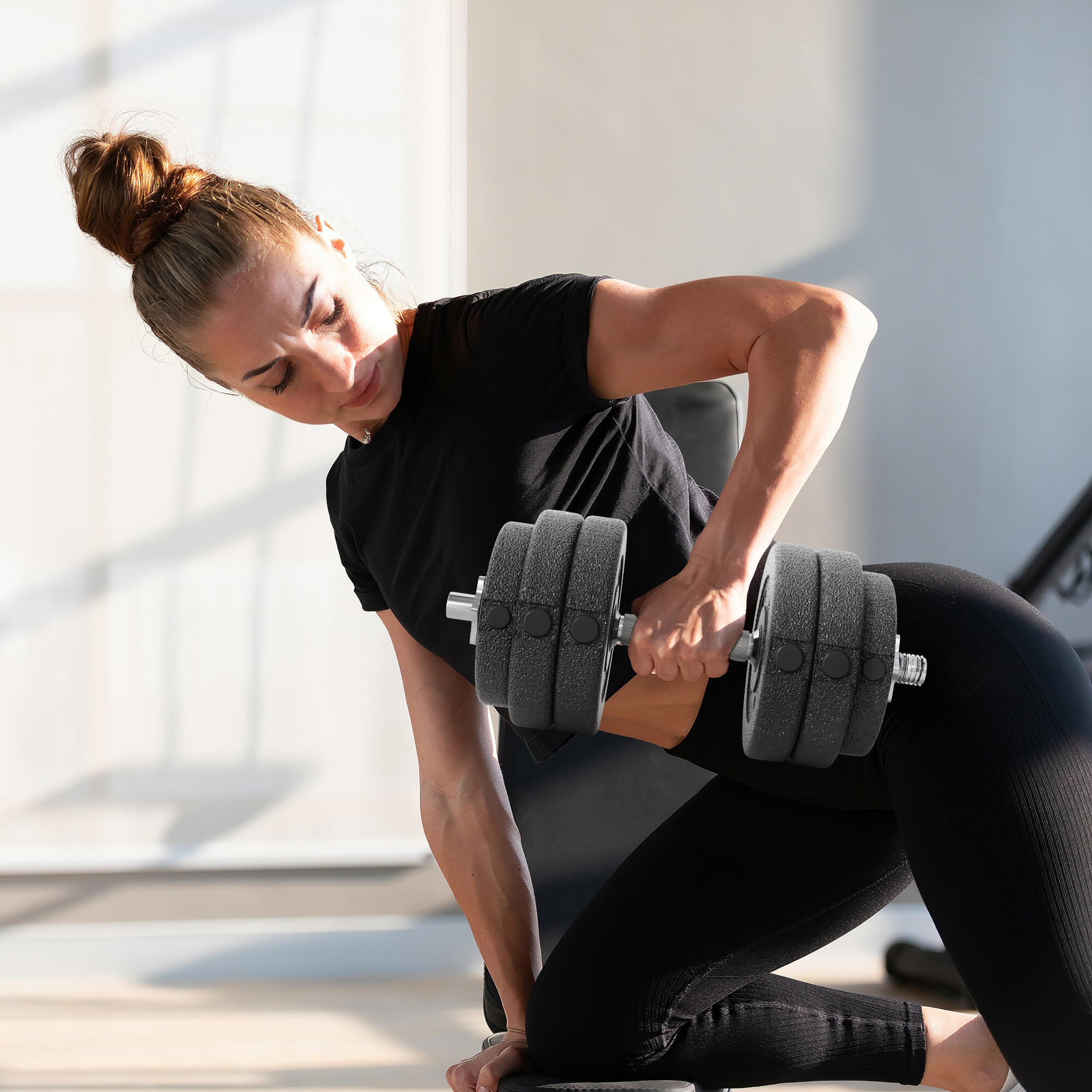 HOMCOM Set 2 Manubri Pesi da 30kg Totali con 12 Dischi in Acciaio e PU Nero 7/7