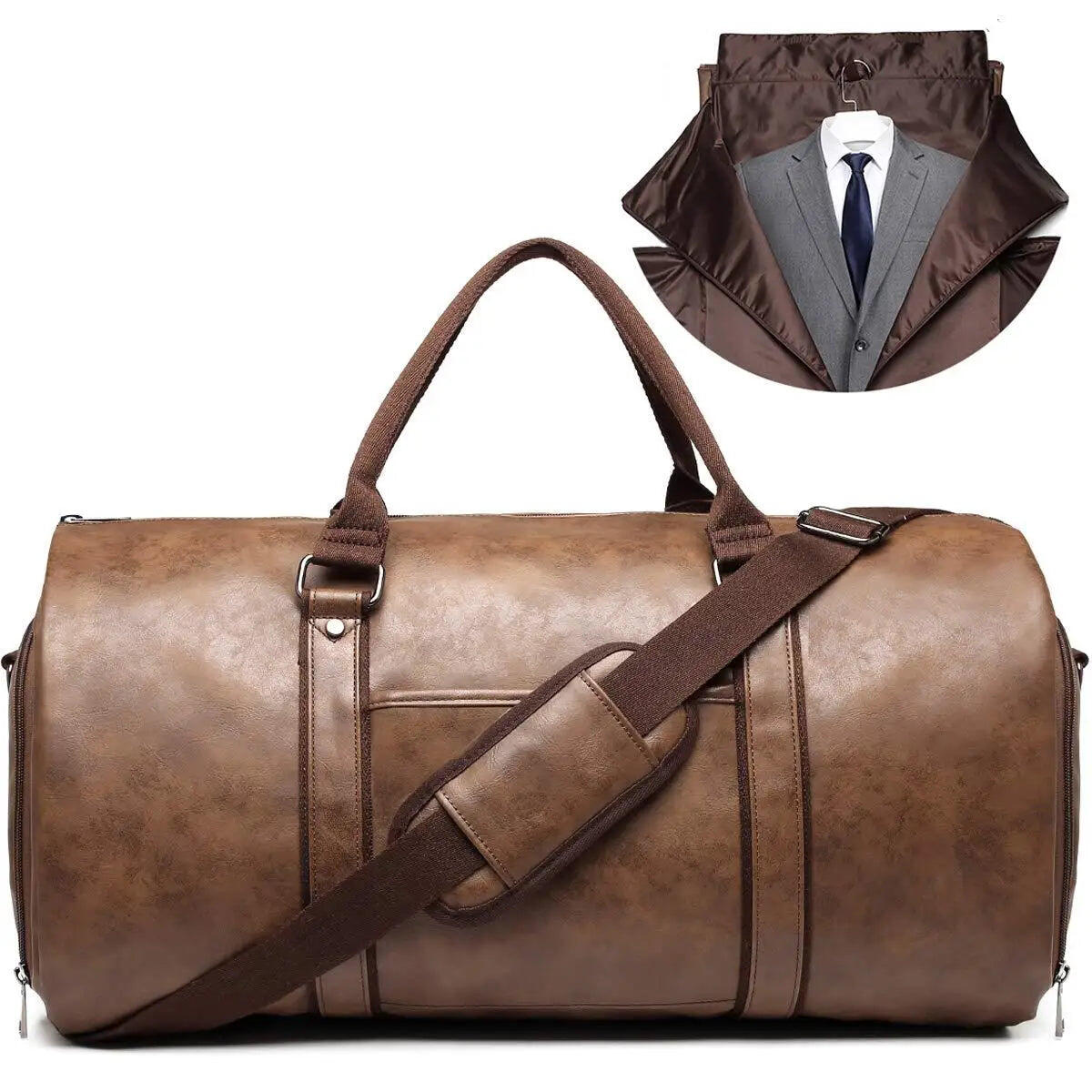 2-in-1 Convertible Leather Travel Bag Brown