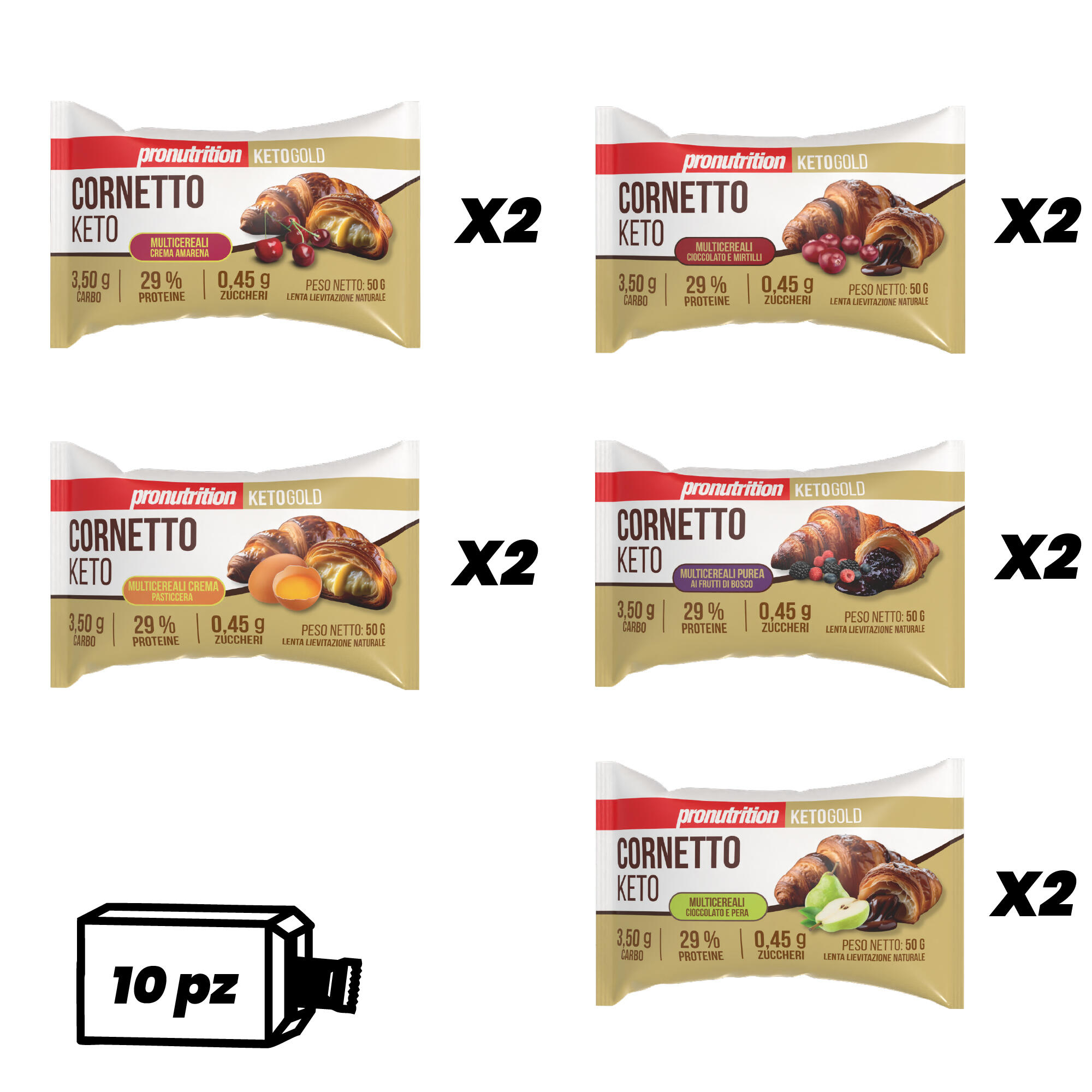 PRO NUTRITION PRO NUTRITION Cornetto Keto 10x50g, low-carb senza zuccheri aggiunti, Italia.
