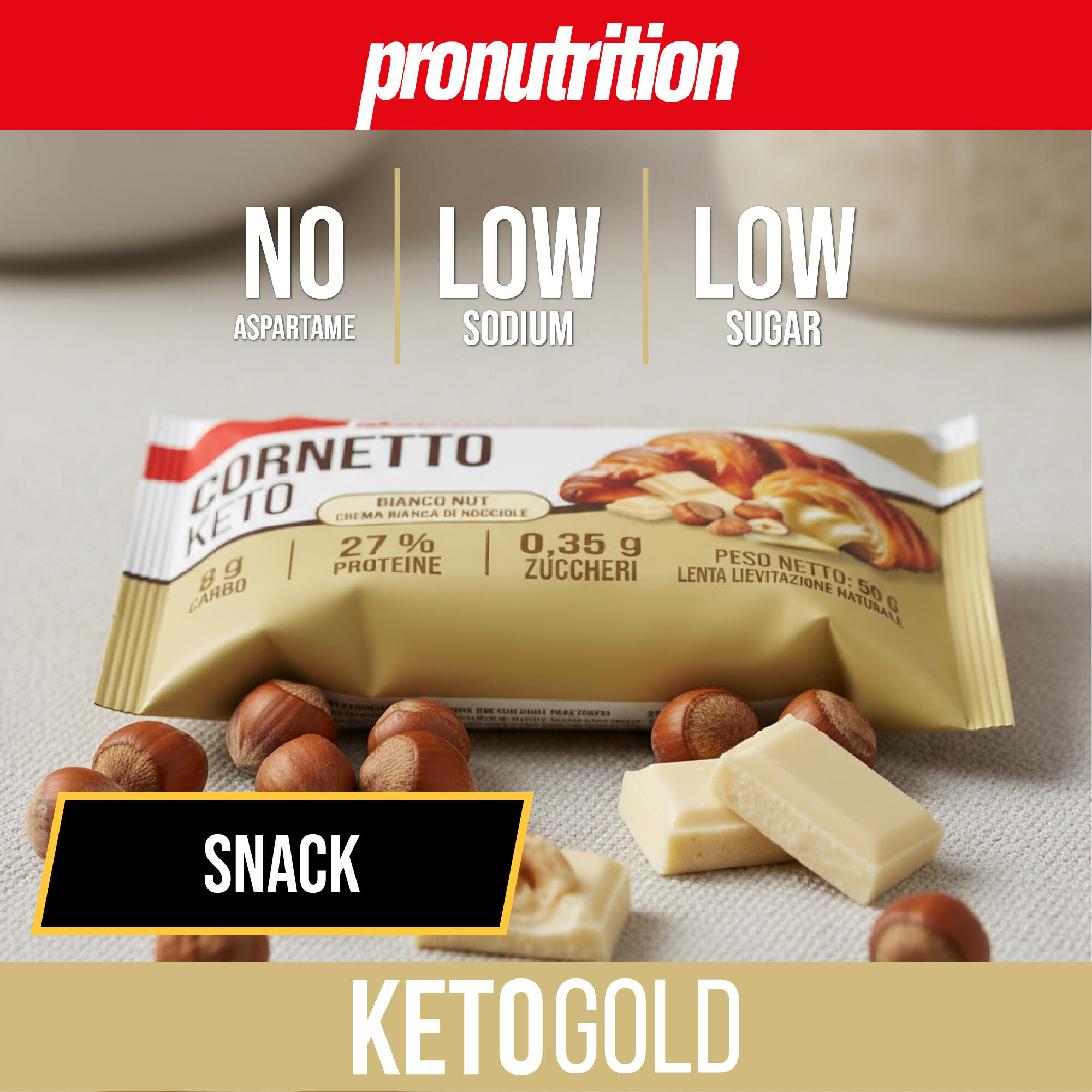 PRO NUTRITION Cornetto Keto 10x50g, low-carb senza zuccheri aggiunti, Italia. 6/7