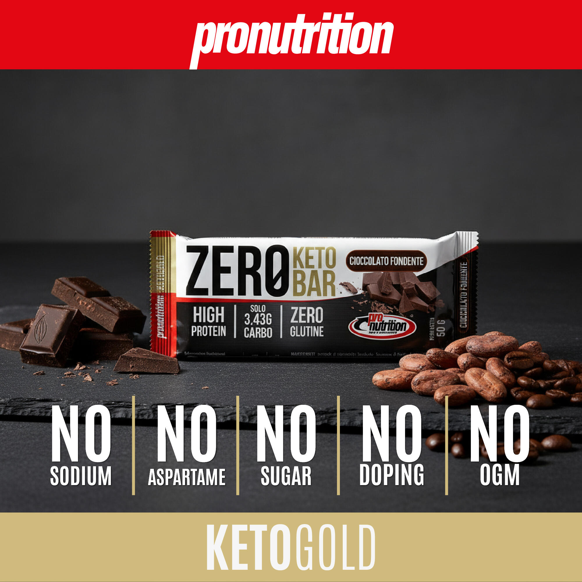 PRO NUTRITION Zero Keto Bar 10x50 g, Cioccolato fondente, 3,43 g zuccheri. 6/7